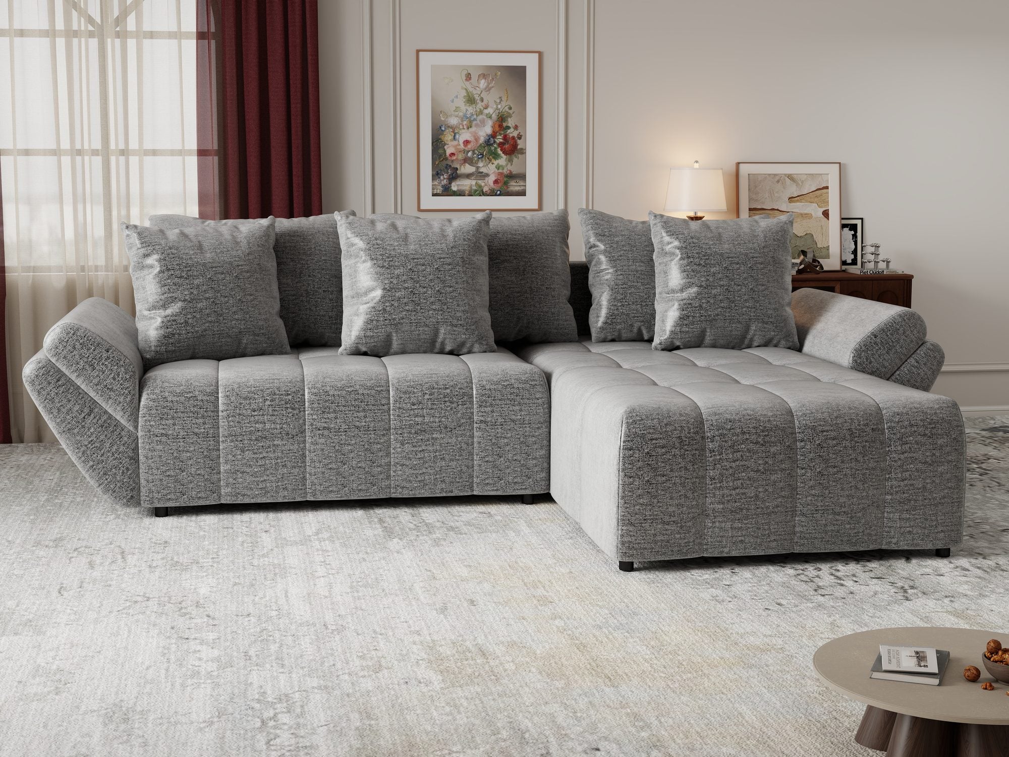 Colțar extensibil dumonde cu ladă de depozitare si sezut confortabil din spuma high-density, Berlin Monolith Gri 85 II 280x185 cm