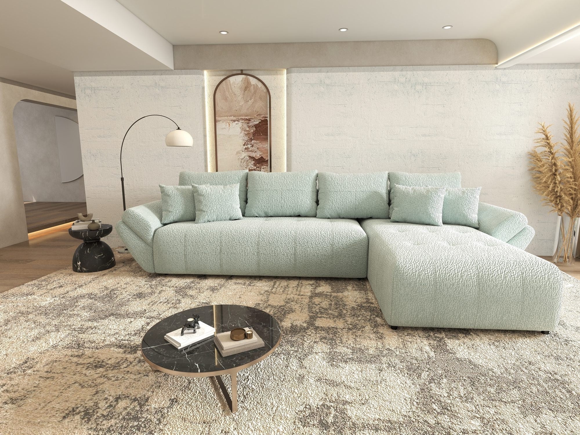 Colțar extensibil dumonde cu ladă de depozitare si sezut confortabil din spuma high-density, Berlin XL Jaguar Verde Mint 16 II 350x185 cm