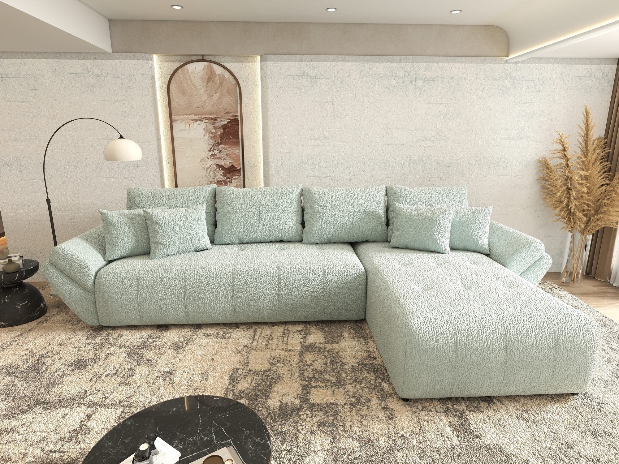 Colțar extensibil dumonde cu ladă de depozitare si sezut confortabil din spuma high-density, Berlin XL Jaguar Verde Mint 16 II 350x185 cm