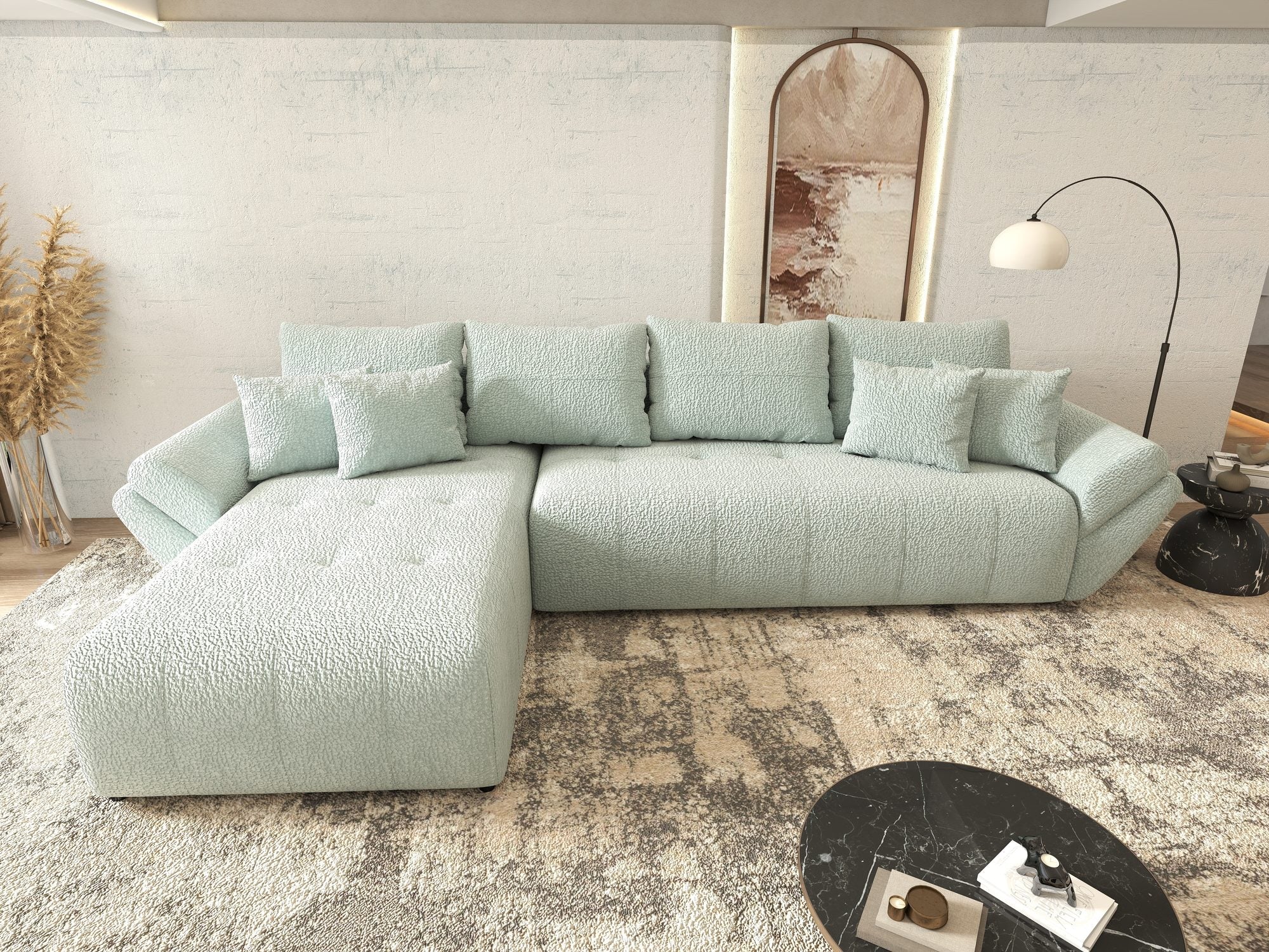 Colțar extensibil dumonde cu ladă de depozitare si sezut confortabil din spuma high-density, Berlin XL Jaguar Verde Mint 16 350x185 cm