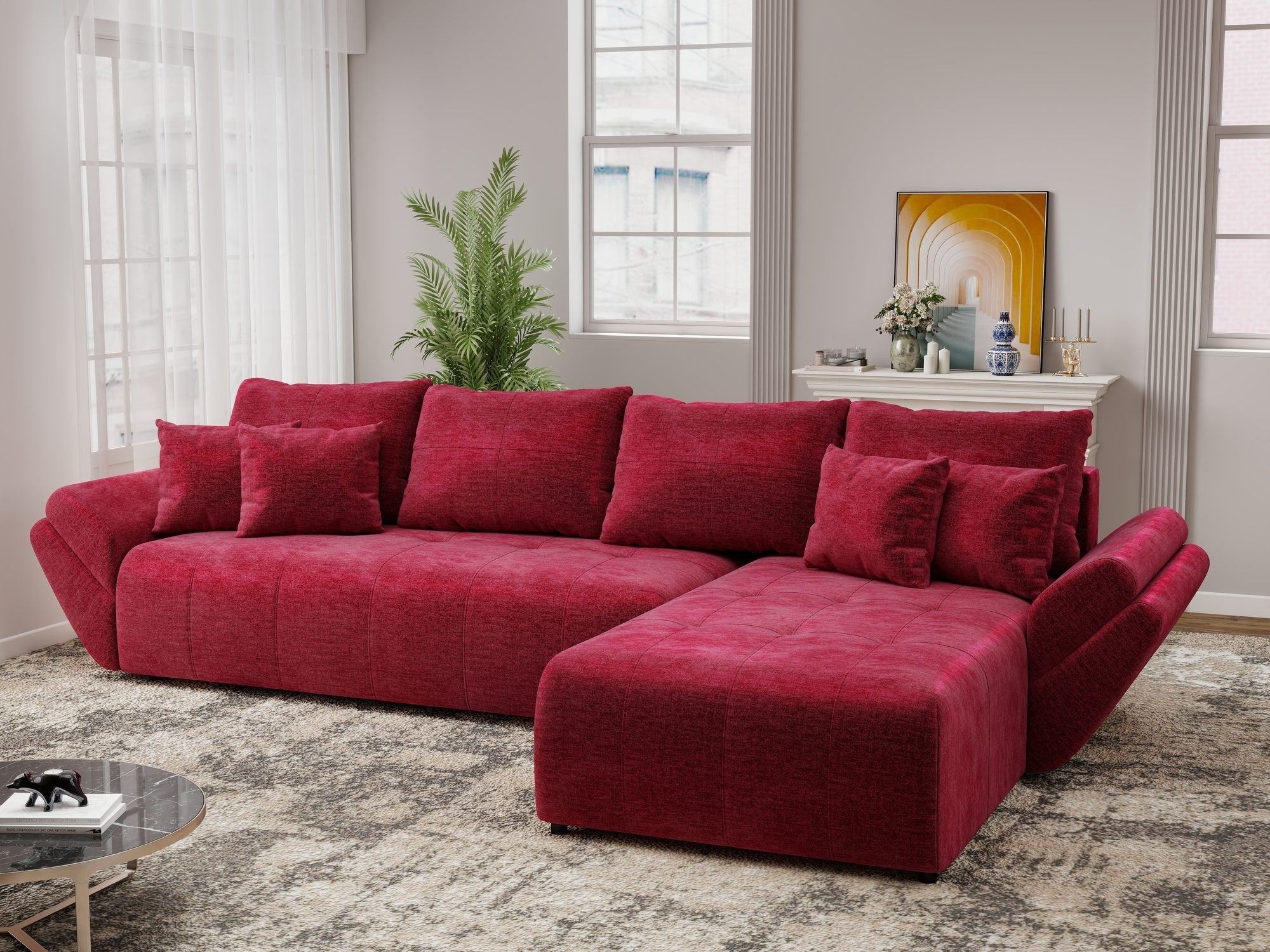 Colțar extensibil dumonde cu ladă de depozitare si sezut confortabil din spuma high-density, Berlin XL Monolith Rosu 59 II 350x185 cm