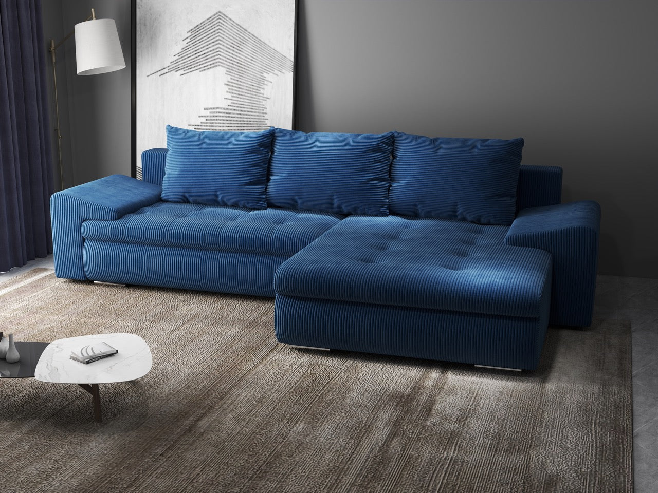 Colțar extensibil dumonde cu ladă de depozitare si sezut confortabil din spuma HR, Leonardo Zoom Albastru 260x185 cm II Fabrica