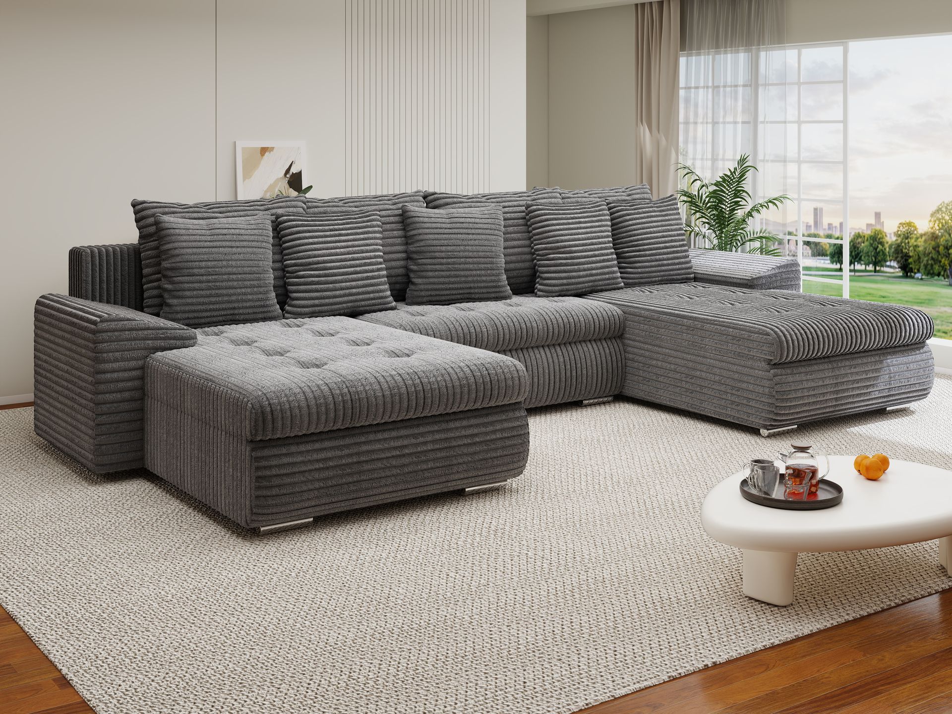 Colțar extensibil dumonde cu ladă de depozitare si sezut confortabil din spuma high-density, Leonardo U Tilia Gri 90 360x185 cm