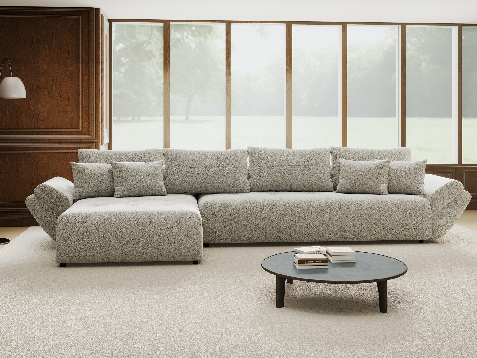 Colțar extensibil dumonde cu ladă de depozitare si sezut confortabil din spuma high-density, Berlin XL Arena Gri 15 350x185 cm