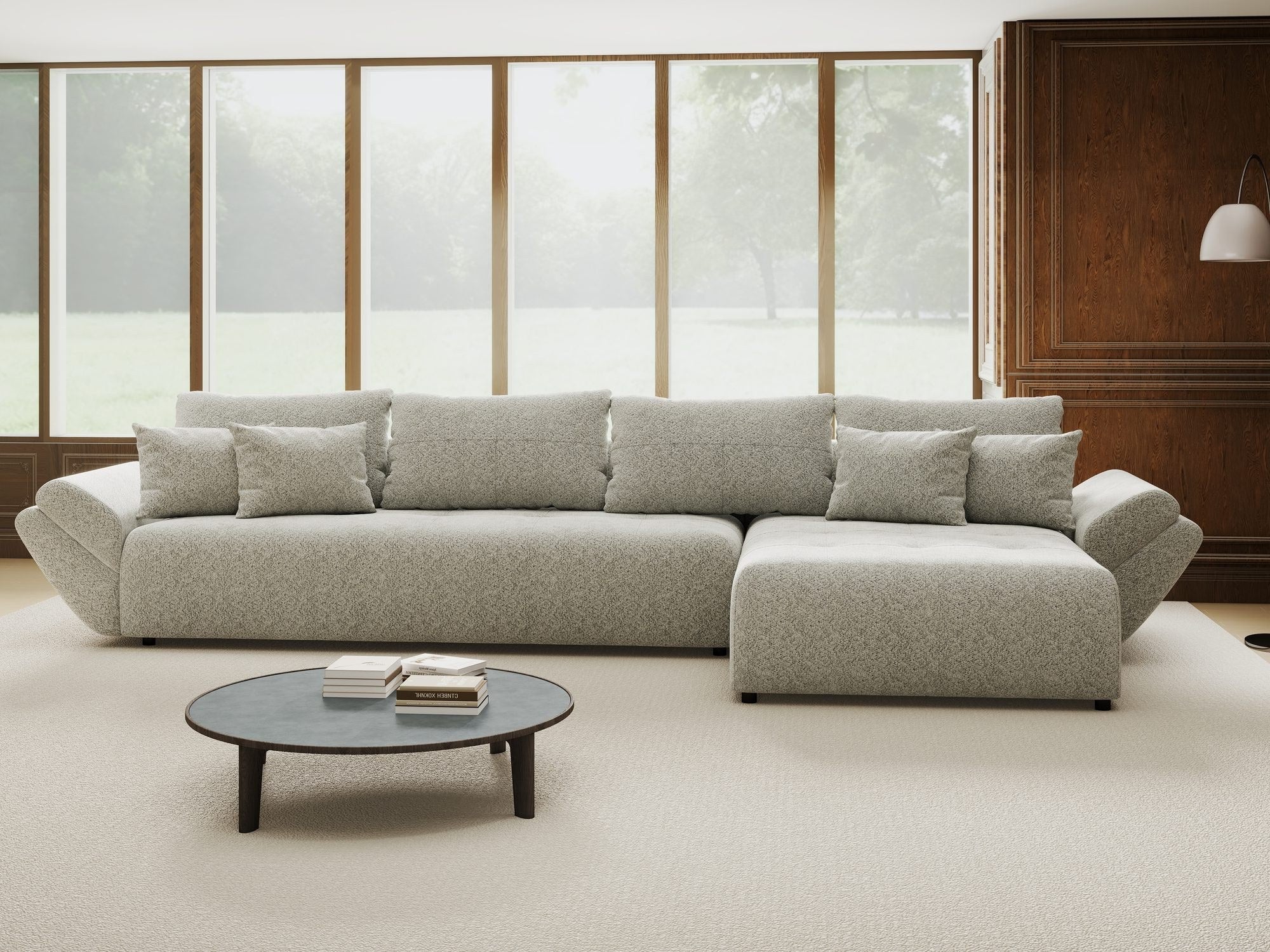 Colțar extensibil dumonde cu ladă de depozitare si sezut confortabil din spuma high-density, Berlin XL Arena Gri 15 II 350x185 cm