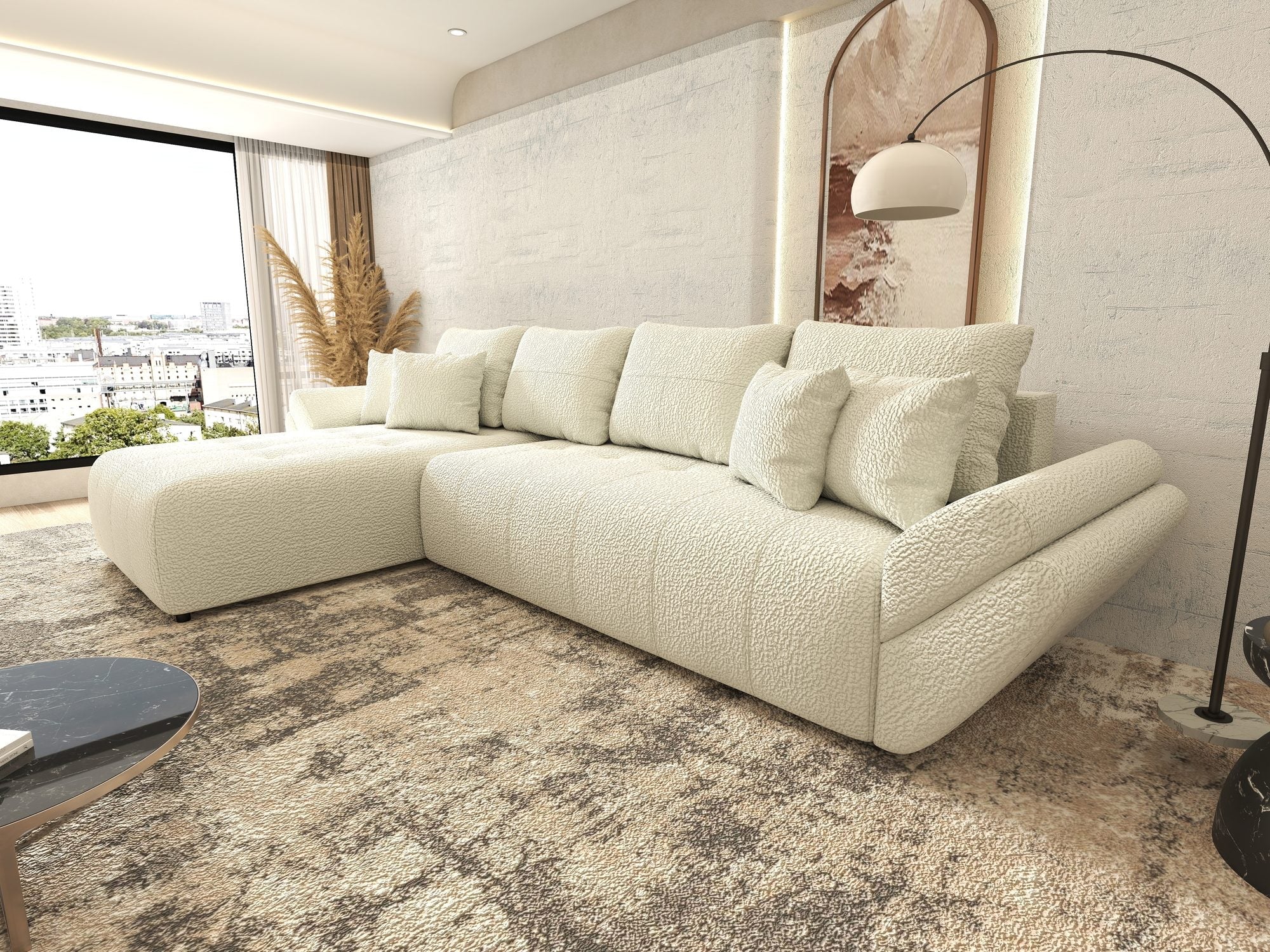 Colțar extensibil dumonde cu ladă de depozitare si sezut confortabil din spuma high-density, Berlin XL Jaguar Ivory 1 350x185 cm