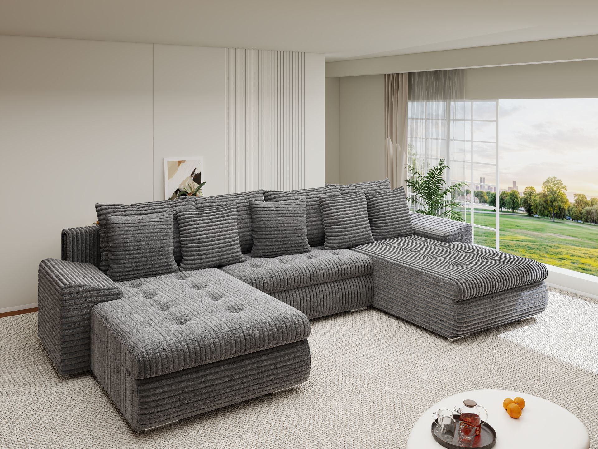Colțar extensibil dumonde cu ladă de depozitare si sezut confortabil din spuma high-density, Leonardo U Tilia Gri 90 360x185 cm
