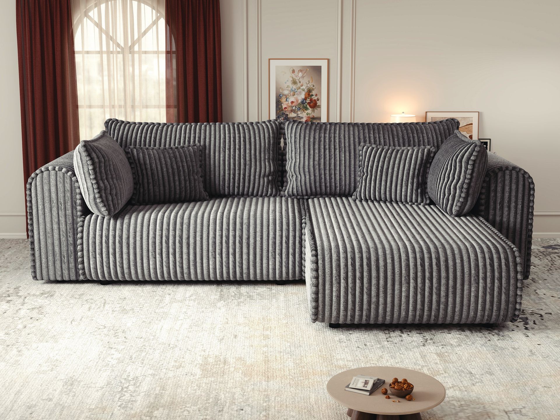 Colțar extensibil dumonde cu ladă de depozitare si sezut confortabil din spuma high-density, Monaco L Tilia Grafit II 270x100 cm