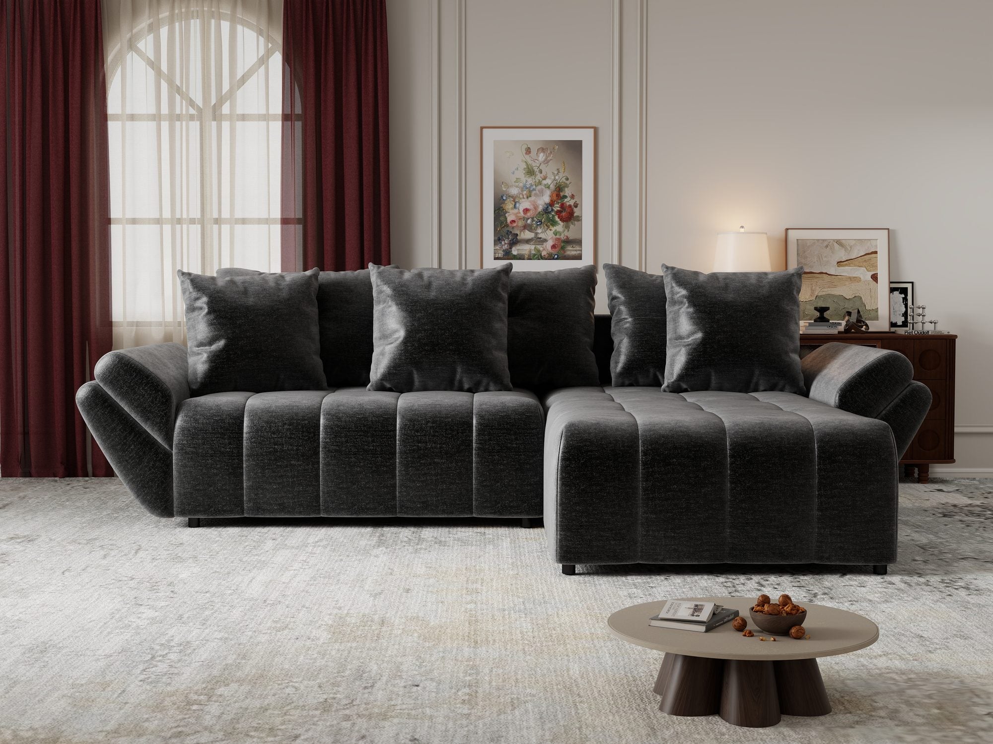 Colțar extensibil dumonde cu ladă de depozitare si sezut confortabil din spuma high-density, Berlin Monolith Gri Antracit 97 II 280x185 cm