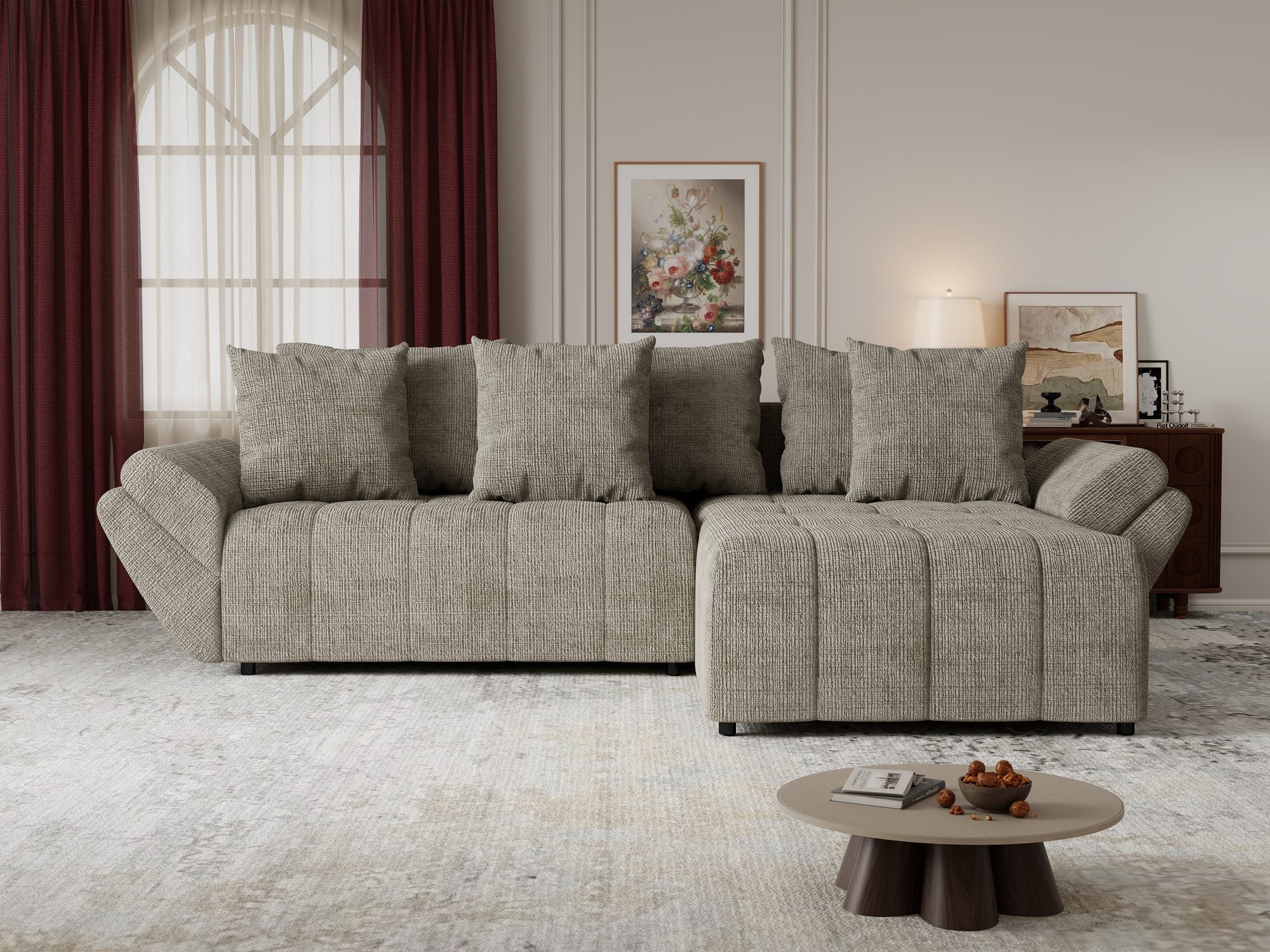 Colțar extensibil dumonde cu ladă de depozitare si sezut confortabil din spuma high-density, Berlin Cremona Bej 14 II 280x185 cm