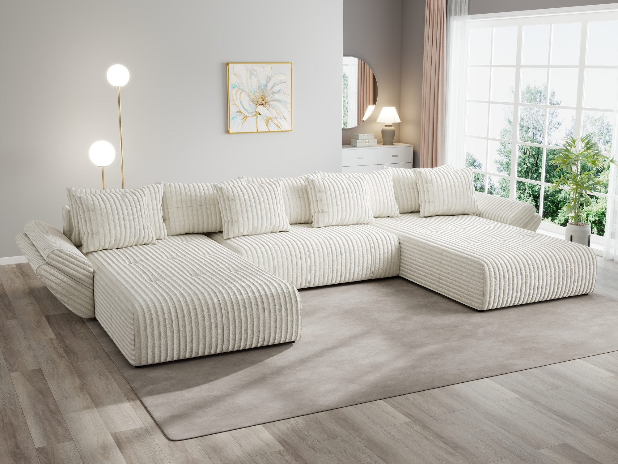 Colțar extensibil dumonde cu ladă de depozitare si sezut confortabil din spuma high-density, Berlin U Tilia Bej 01 380x180 cm