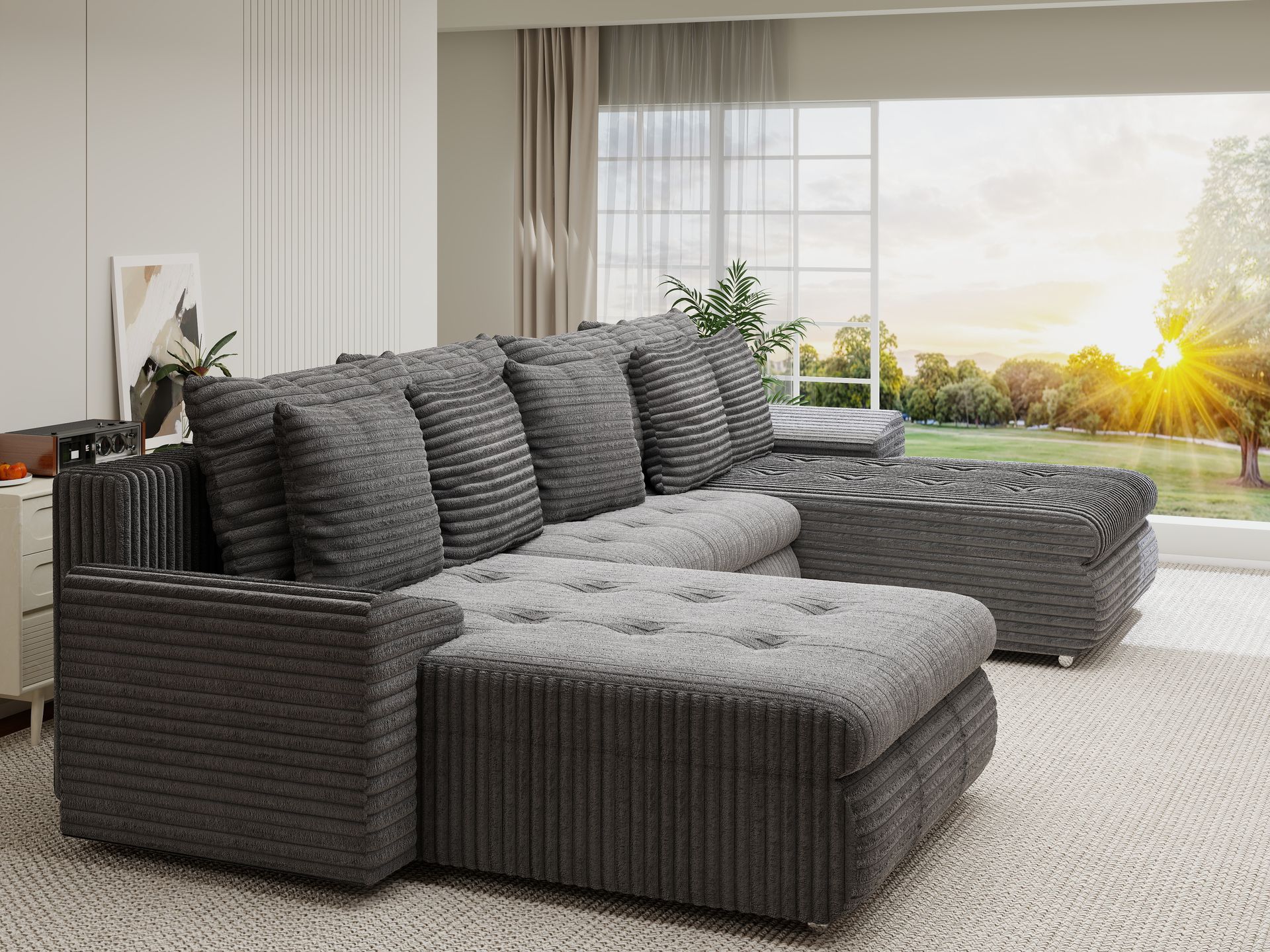 Colțar extensibil dumonde cu ladă de depozitare si sezut confortabil din spuma high-density, Leonardo U Tilia Gri 90 360x185 cm