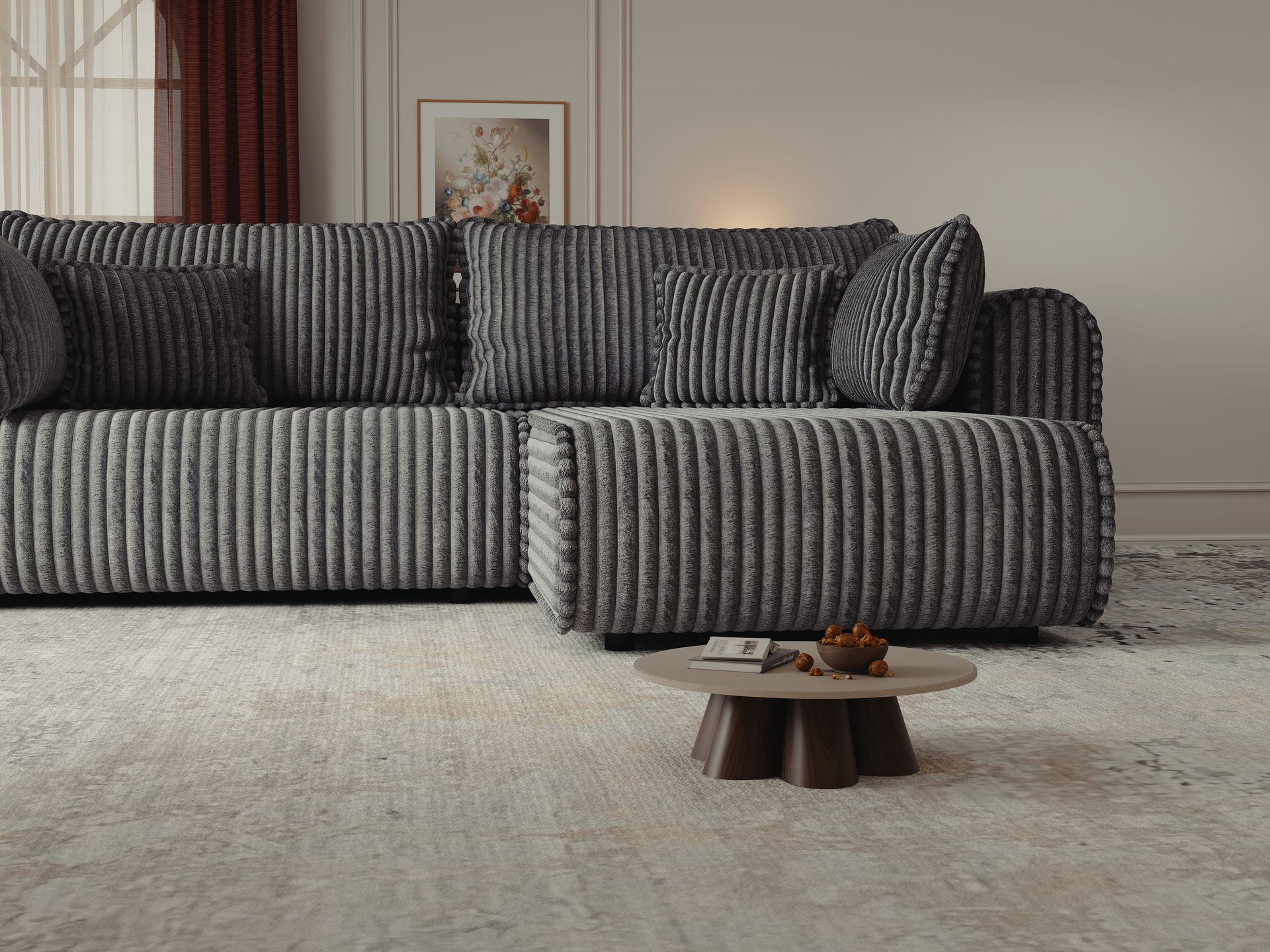 Colțar extensibil dumonde cu ladă de depozitare si sezut confortabil din spuma high-density, Monaco L Tilia Grafit II 270x100 cm