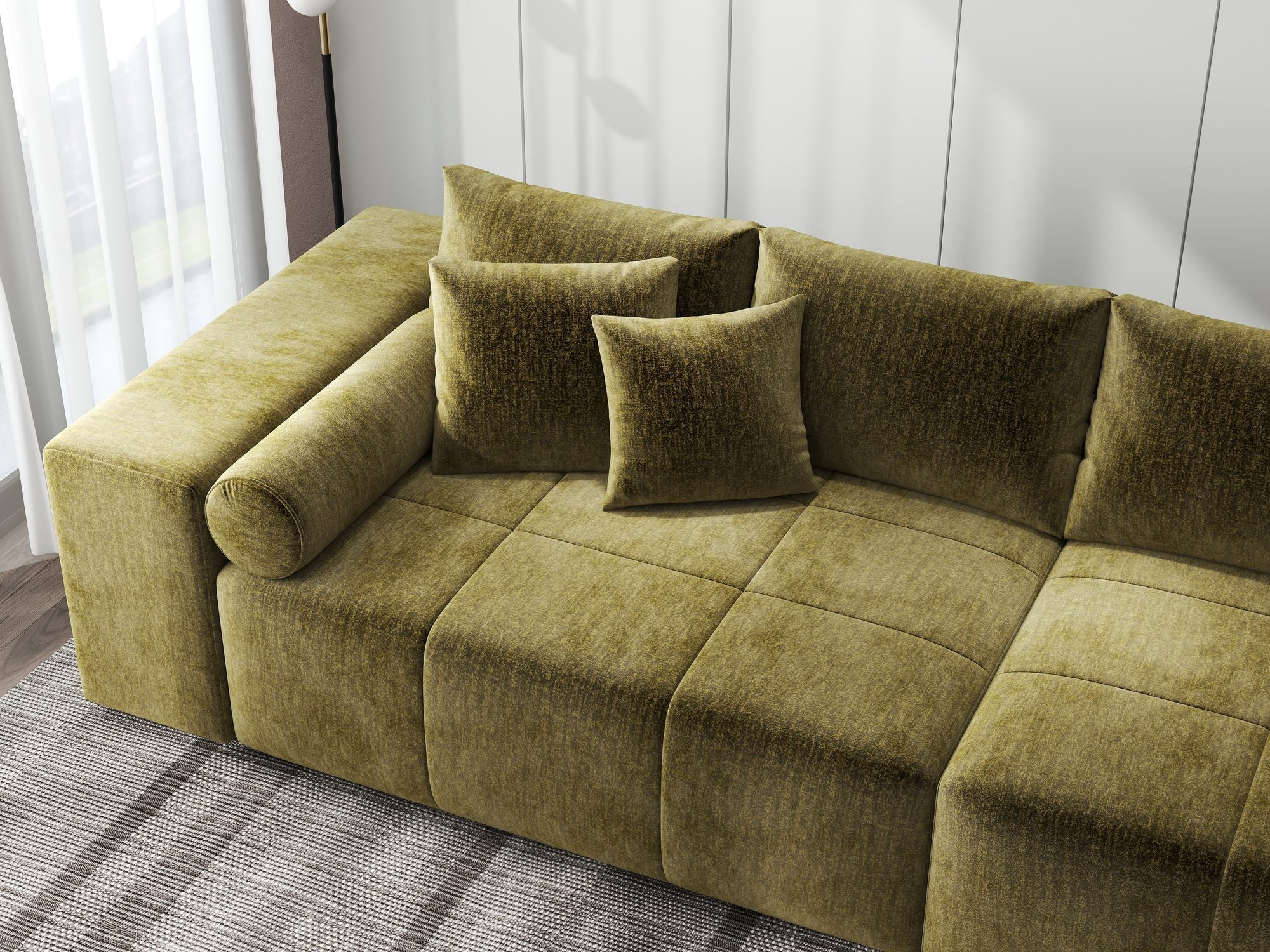 Canapea extensibilă dumonde cu ladă de depozitare si sezut confortabil din spuma high-density, Marbela XXL Monolith Verde Olive 38 290x100 cm