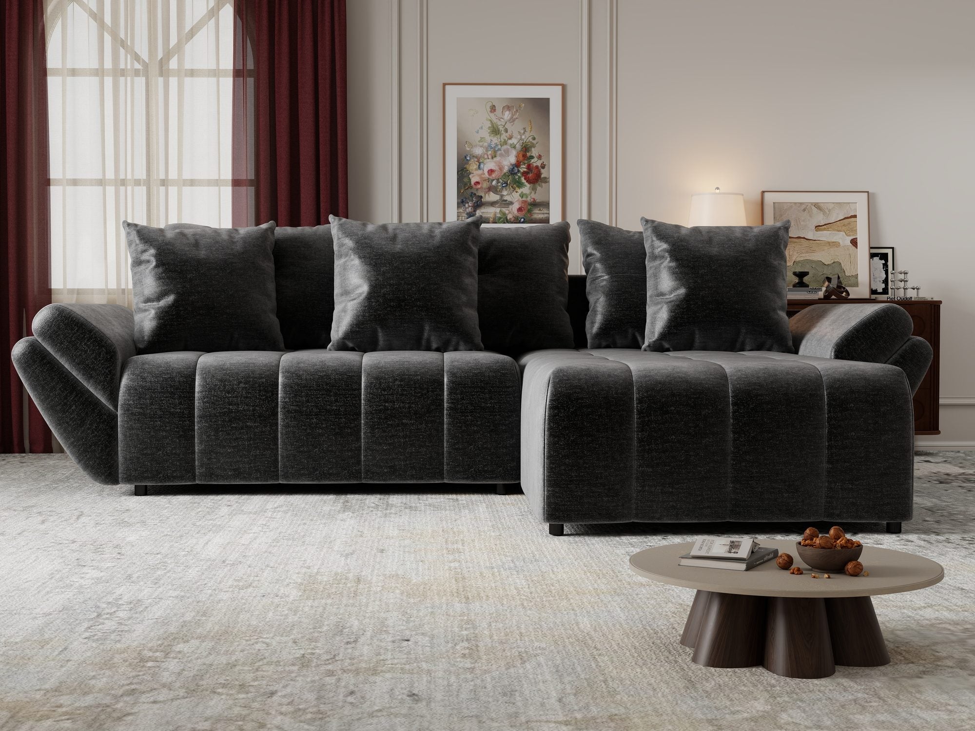 Colțar extensibil dumonde cu ladă de depozitare si sezut confortabil din spuma high-density, Berlin Monolith Gri Antracit 97 II 280x185 cm