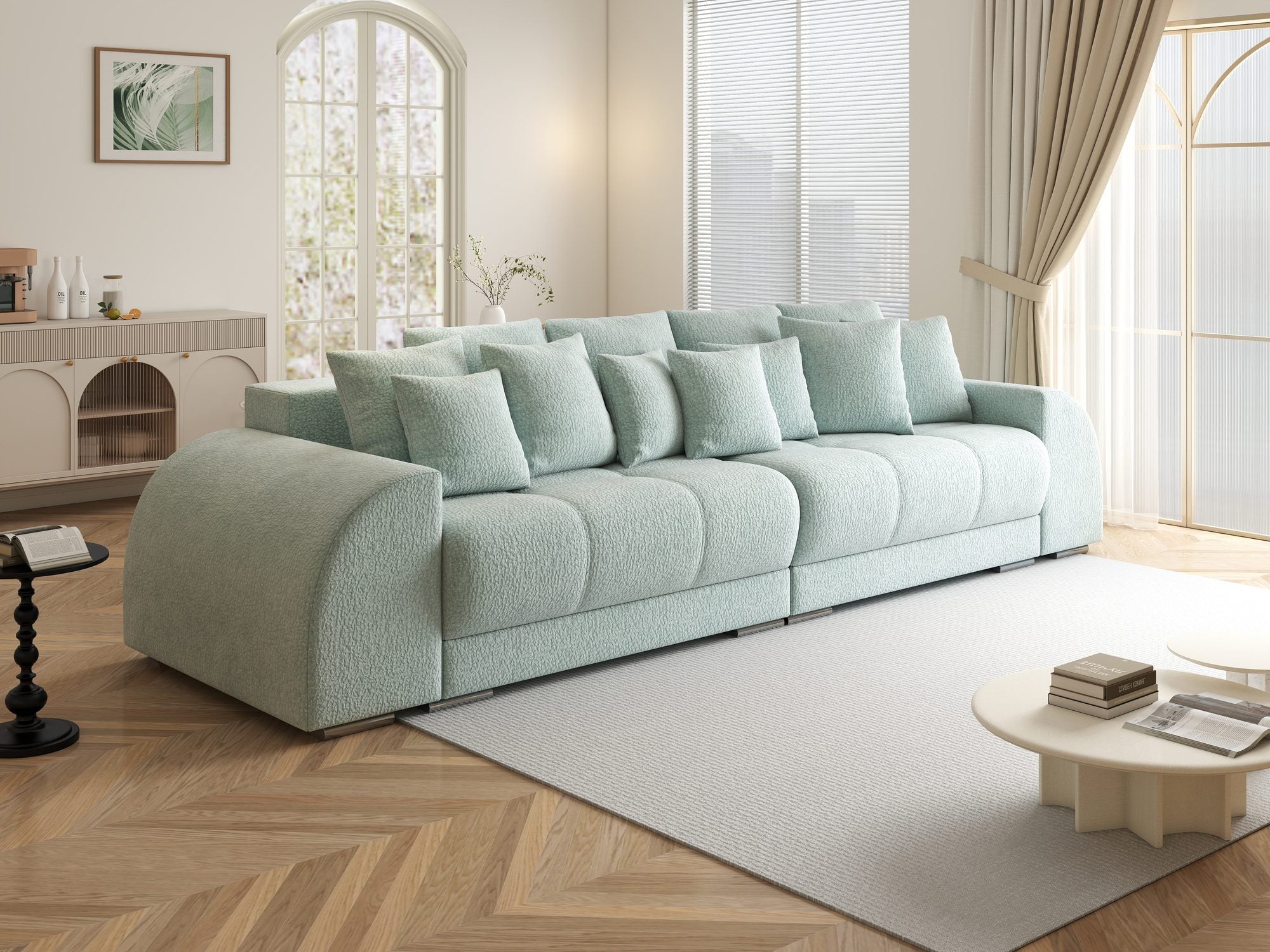 Canapea extensibilă dumonde cu 2 lăzi de depozitare si sezut confortabil din spuma high-density, Verona Jaguar Verde Mint 16 310x100 cm