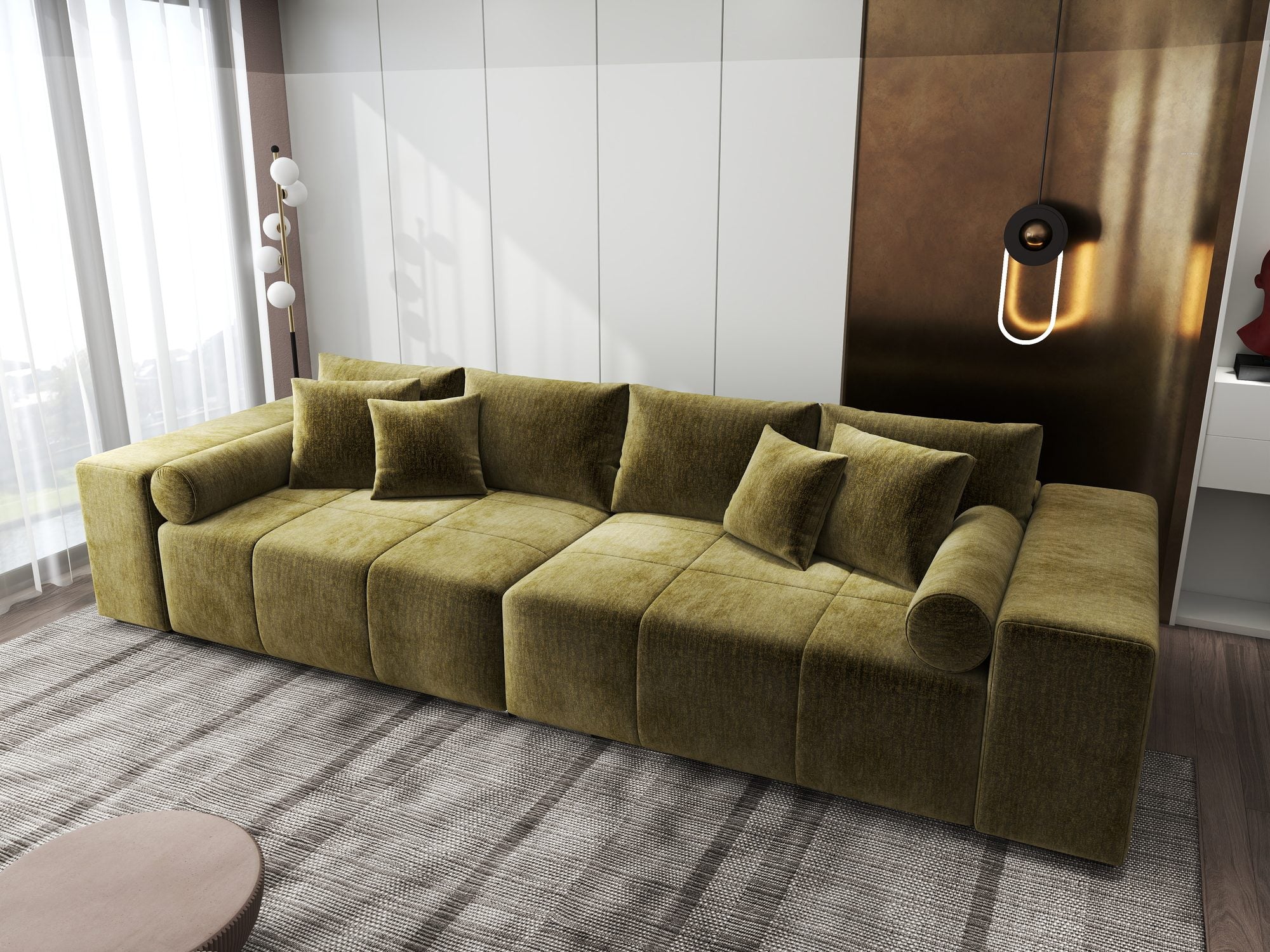 Canapea extensibilă dumonde cu ladă de depozitare si sezut confortabil din spuma high-density, Marbela XXL Monolith Verde Olive 38 290x100 cm