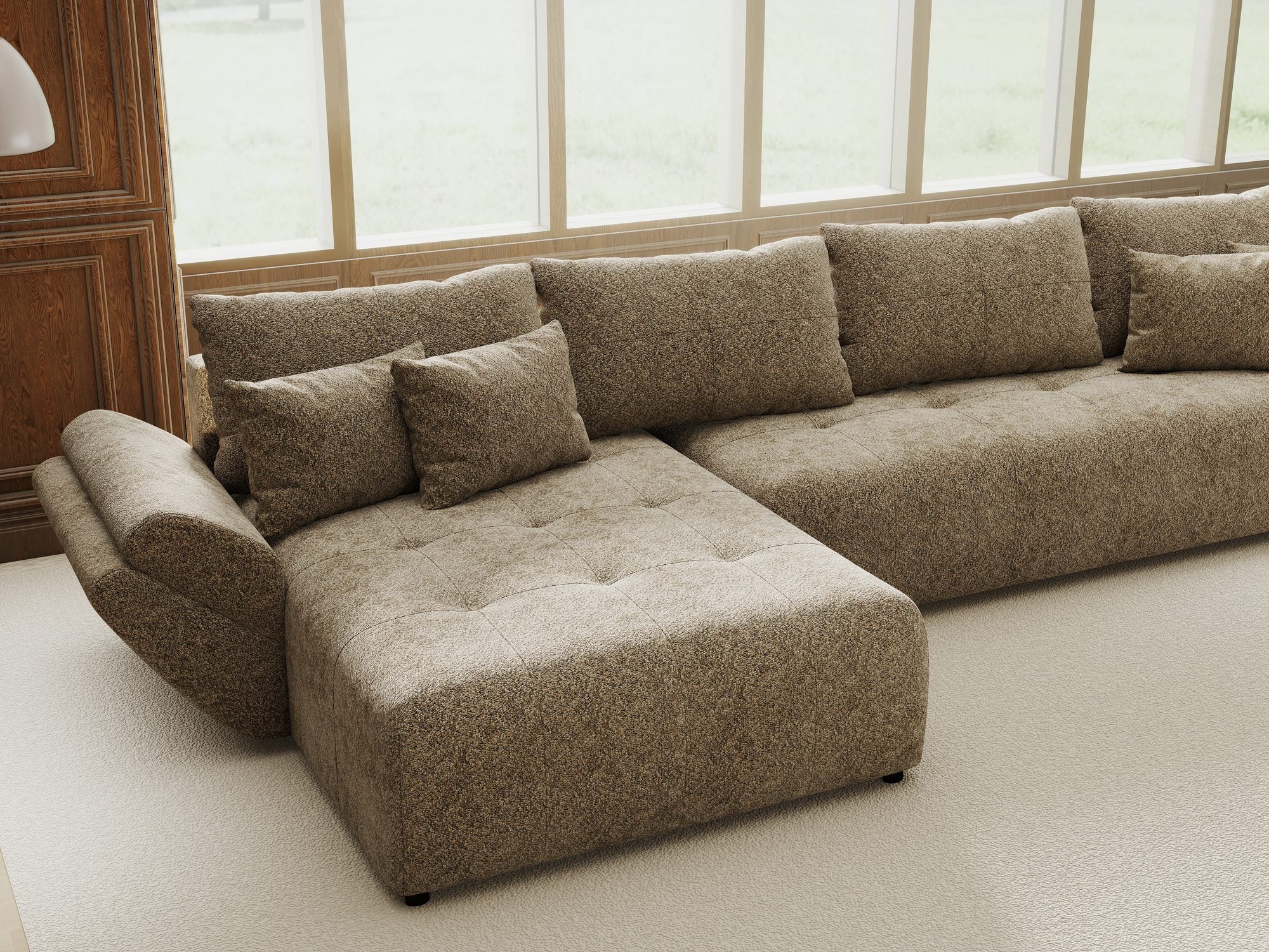 Colțar extensibil dumonde cu ladă de depozitare si sezut confortabil din spuma high-density, Berlin XL Arena Bej 4 350x185 cm