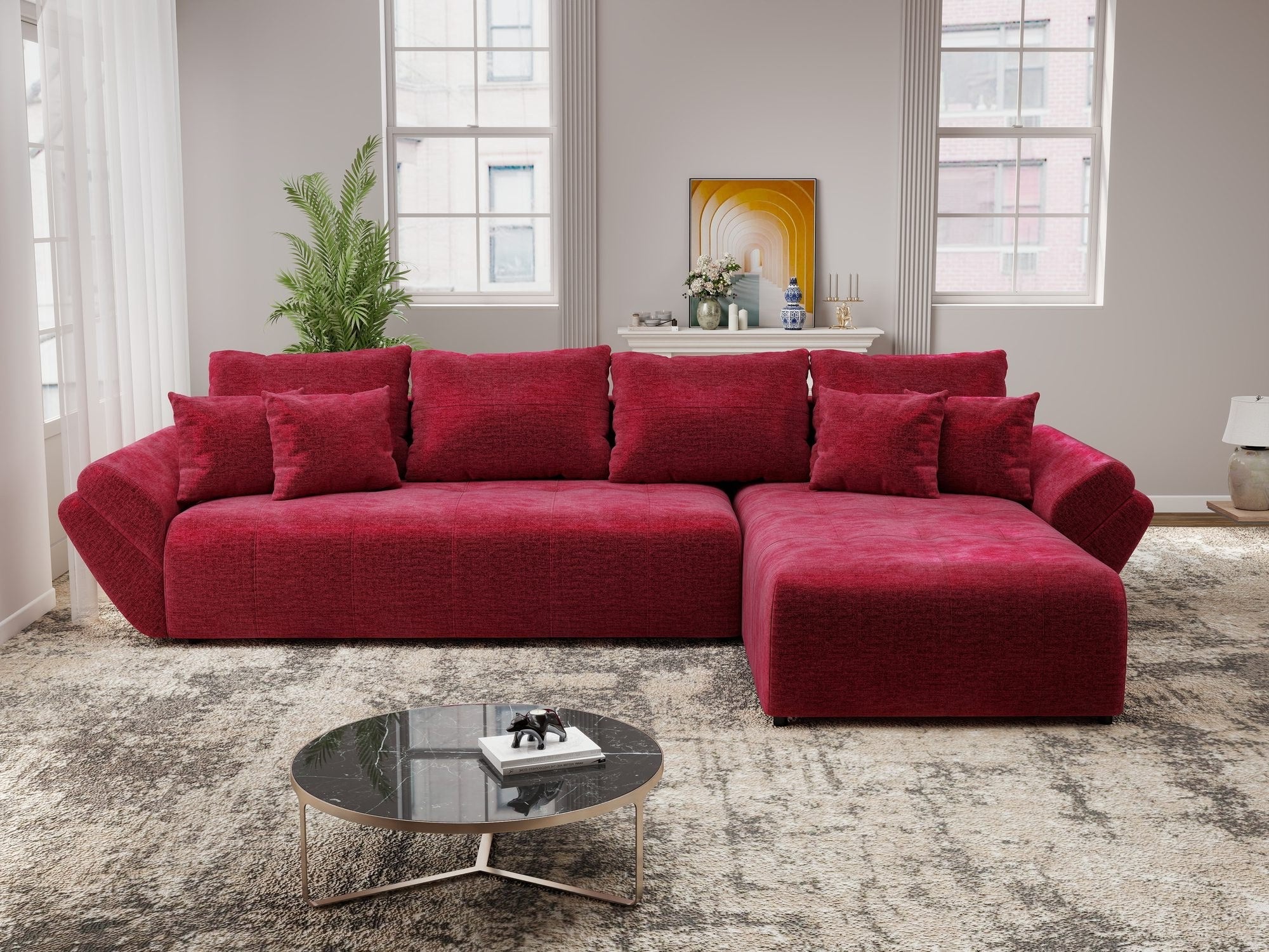Colțar extensibil dumonde cu ladă de depozitare si sezut confortabil din spuma high-density, Berlin XL Monolith Rosu 59 II 350x185 cm