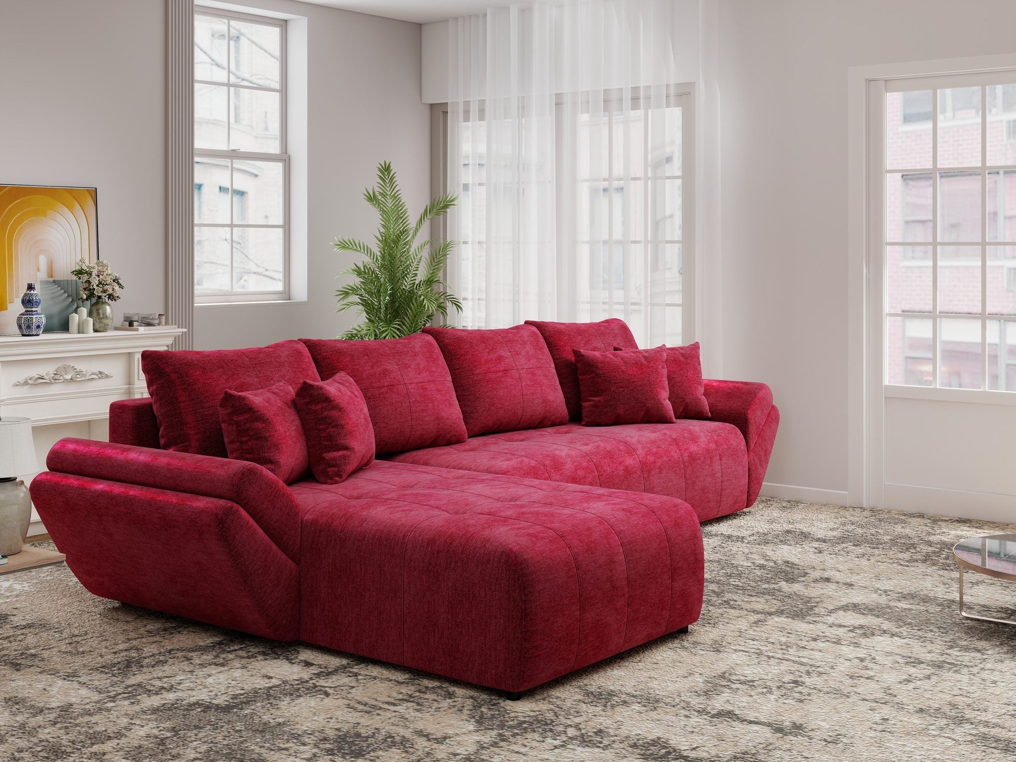 Colțar extensibil dumonde cu ladă de depozitare si sezut confortabil din spuma high-density, Berlin XL Monolith Rosu 59 350x185 cm