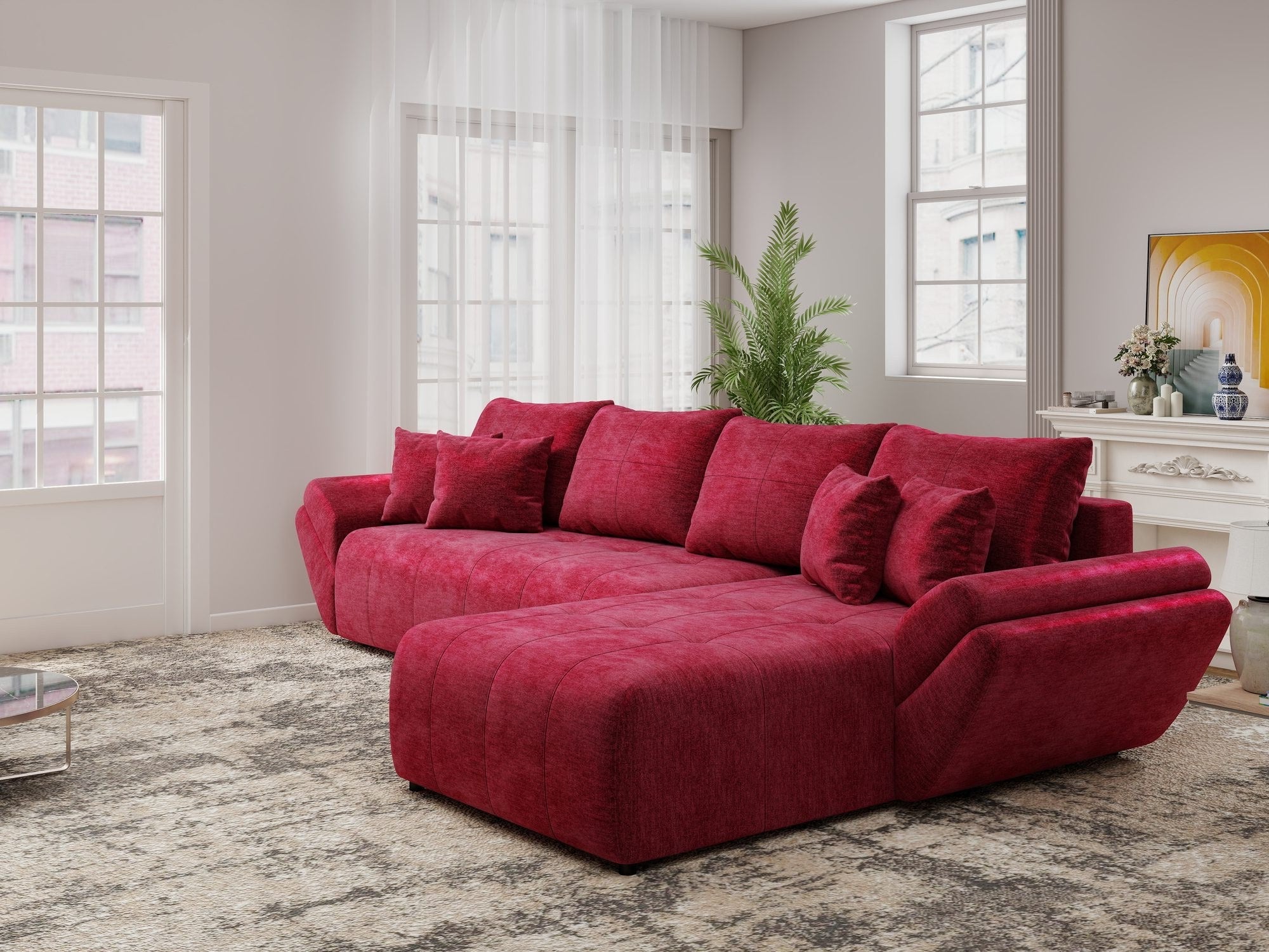 Colțar extensibil dumonde cu ladă de depozitare si sezut confortabil din spuma high-density, Berlin XL Monolith Rosu 59 II 350x185 cm