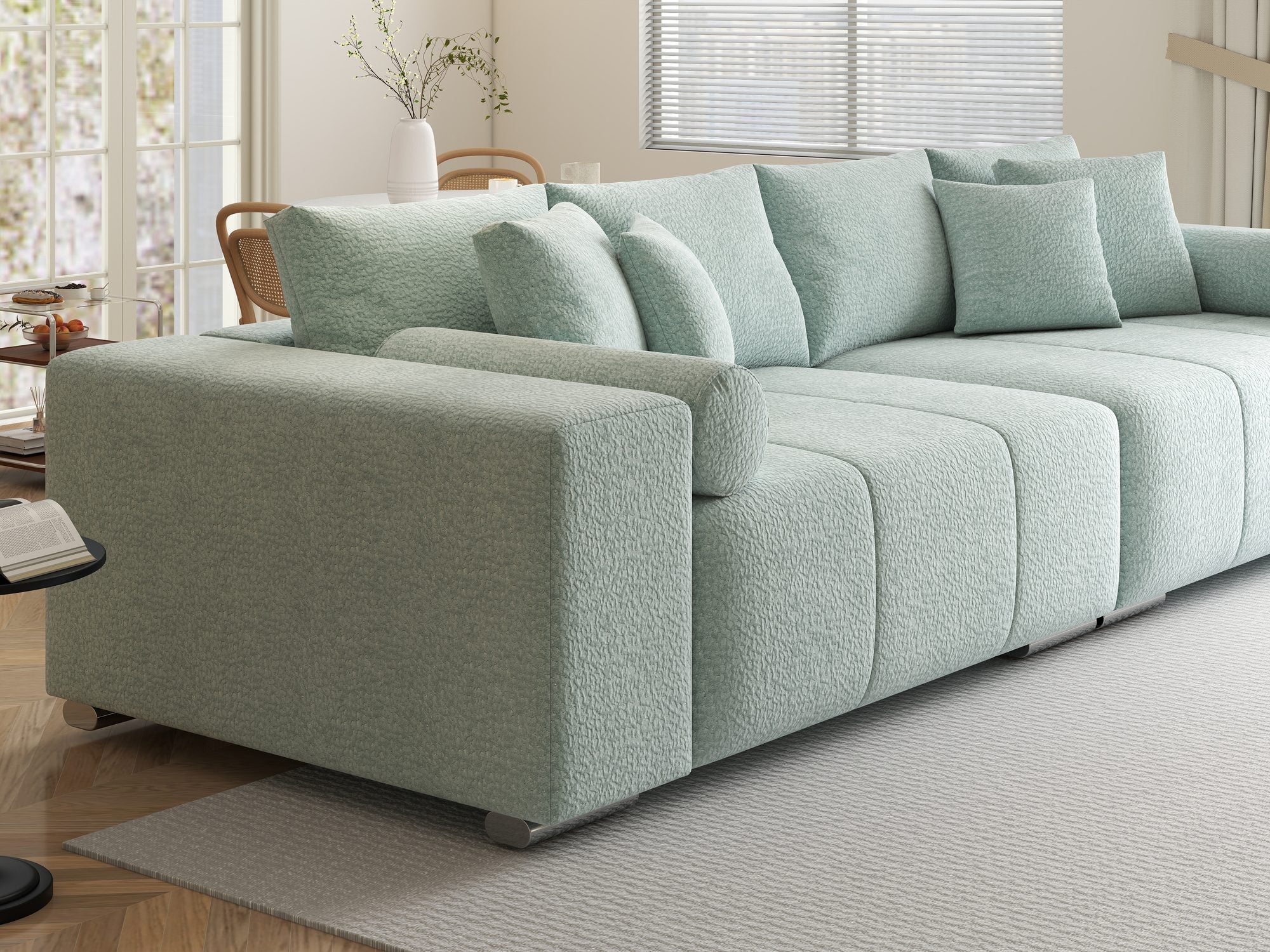 Canapea extensibilă dumonde cu ladă de depozitare si sezut confortabil din spuma high-density, Marbela XXL Jaguar Verde Mint 16 290x100 cm