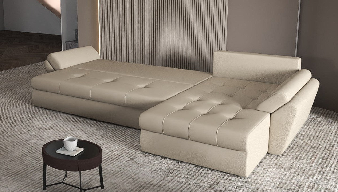 Colțar extensibil dumonde cu ladă de depozitare si sezut confortabil din spuma HR, Loana XL Enjoy Camel 335x185 cm Fabrica