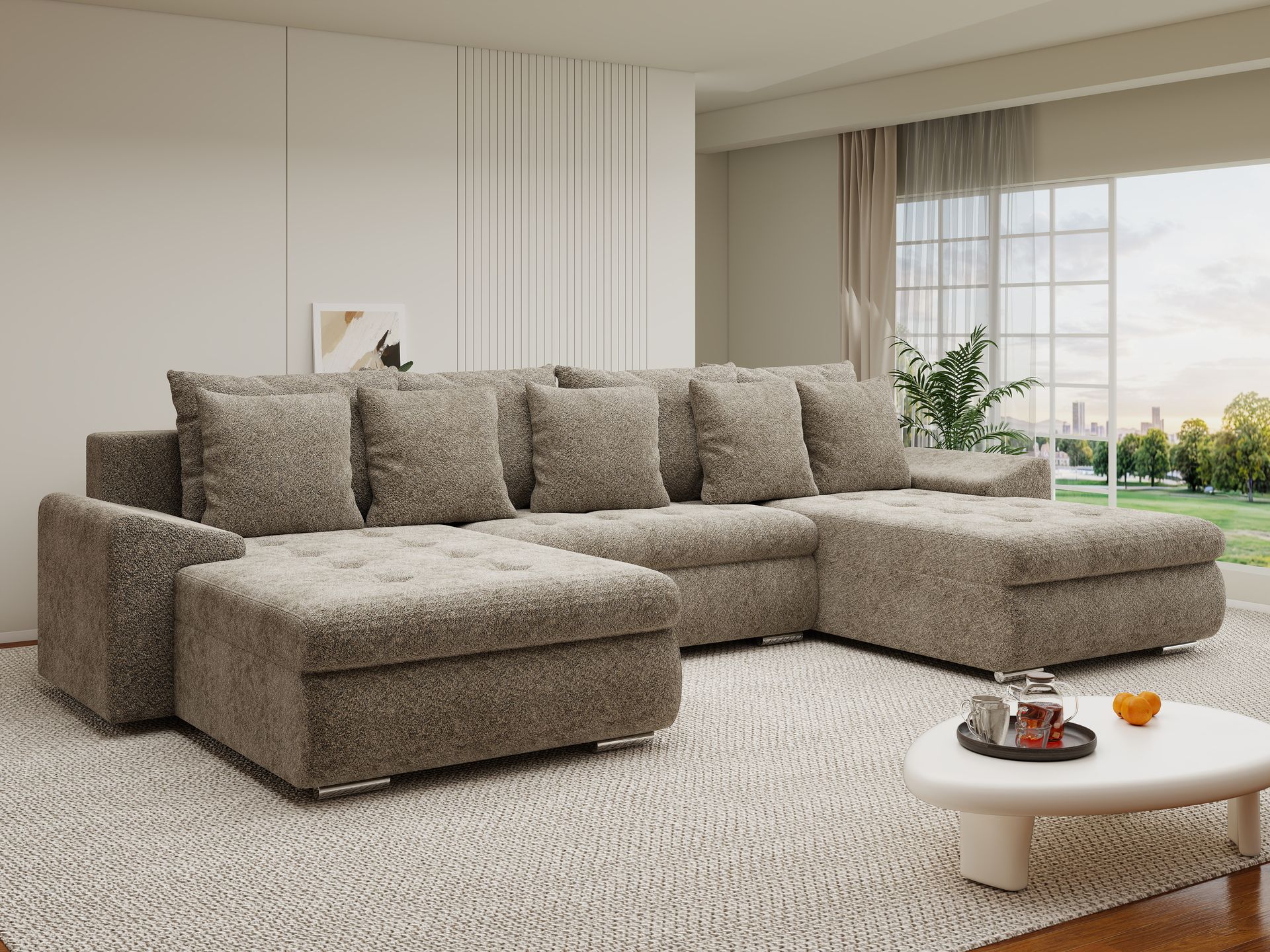 Colțar extensibil dumonde cu ladă de depozitare si sezut confortabil din spuma high-density, Leonardo U Arena Bej 04 360x185 cm