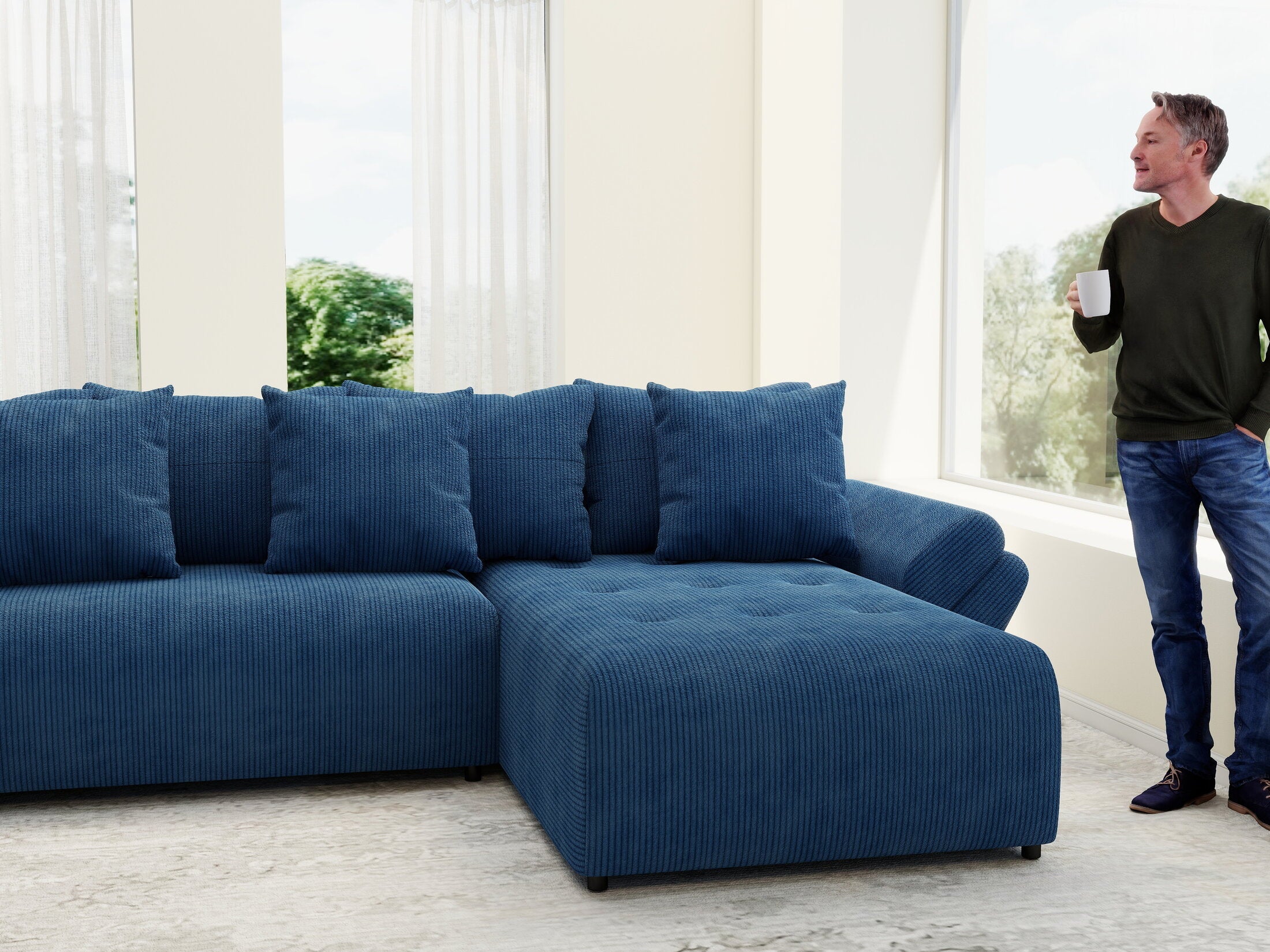 Colțar extensibil dumonde cu ladă de depozitare si sezut confortabil din spuma high-density, Berlin U Zoom Blue 400x185 cm