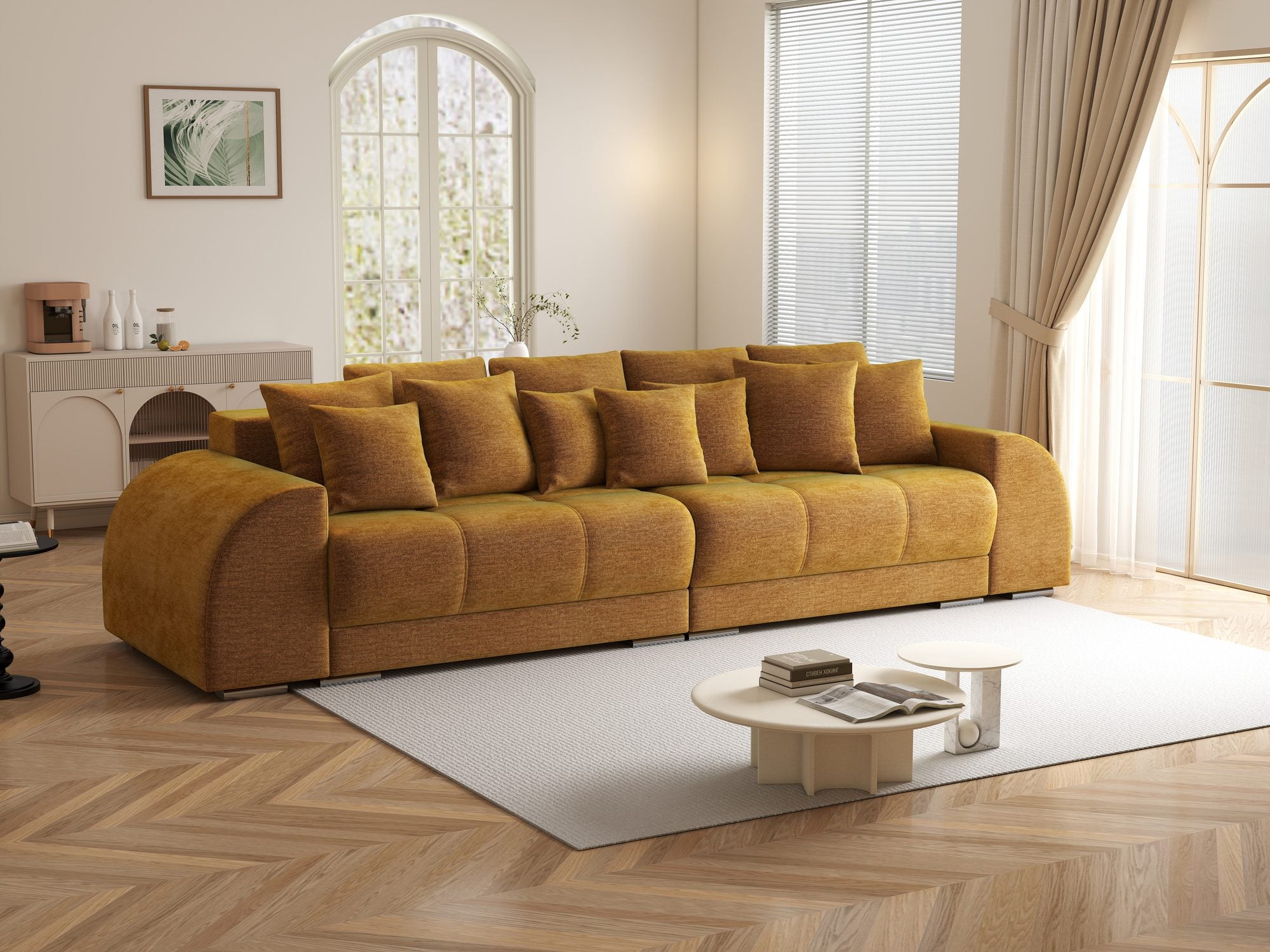 Canapea extensibilă dumonde cu 2 lăzi de depozitare si sezut confortabil din spuma high-density, Verona Monolith Mustar 48 310x100 cm