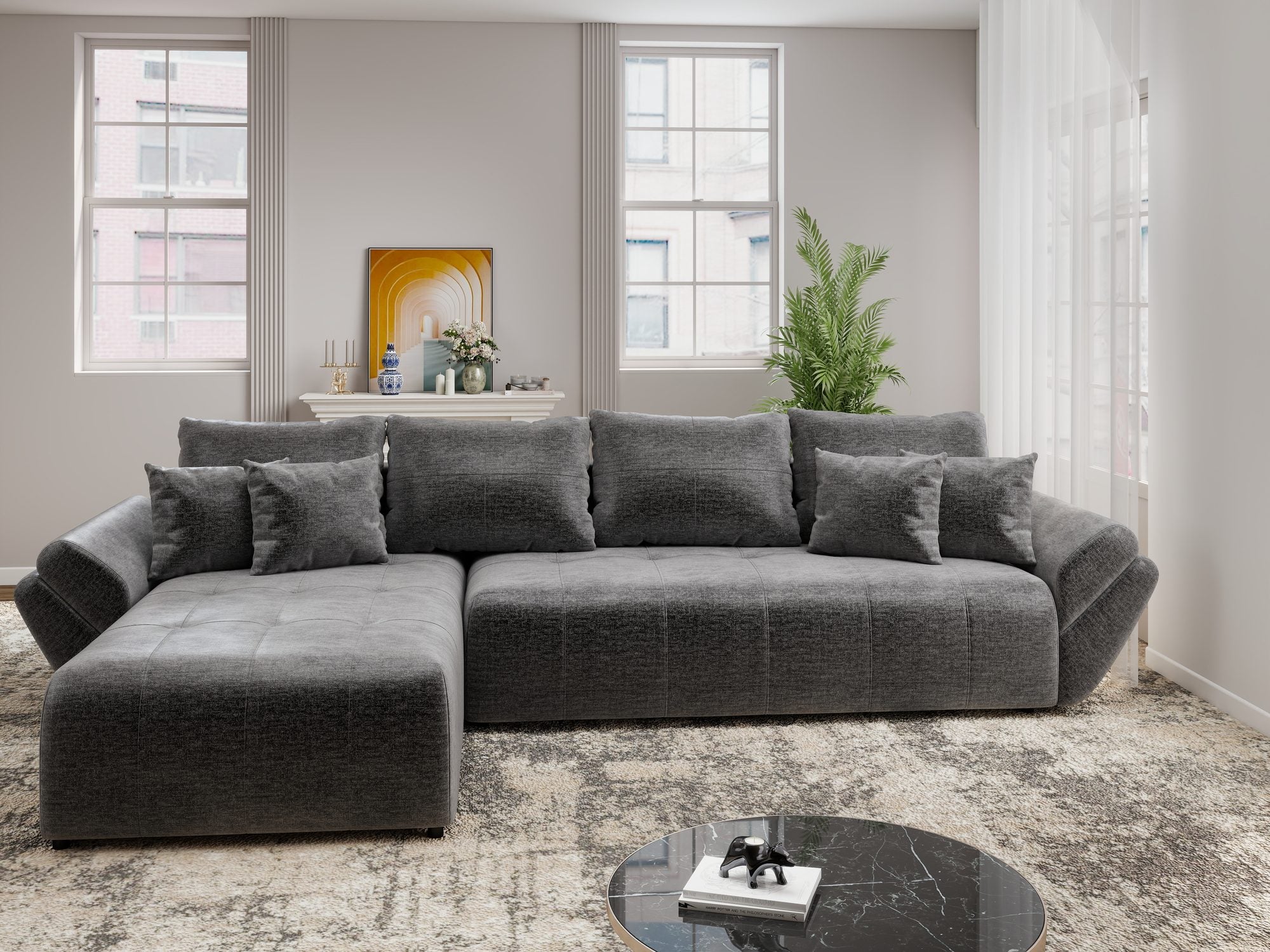 Colțar extensibil dumonde cu ladă de depozitare si sezut confortabil din spuma high-density, Berlin XL Monolith Gri Antracit 97 350x185 cm