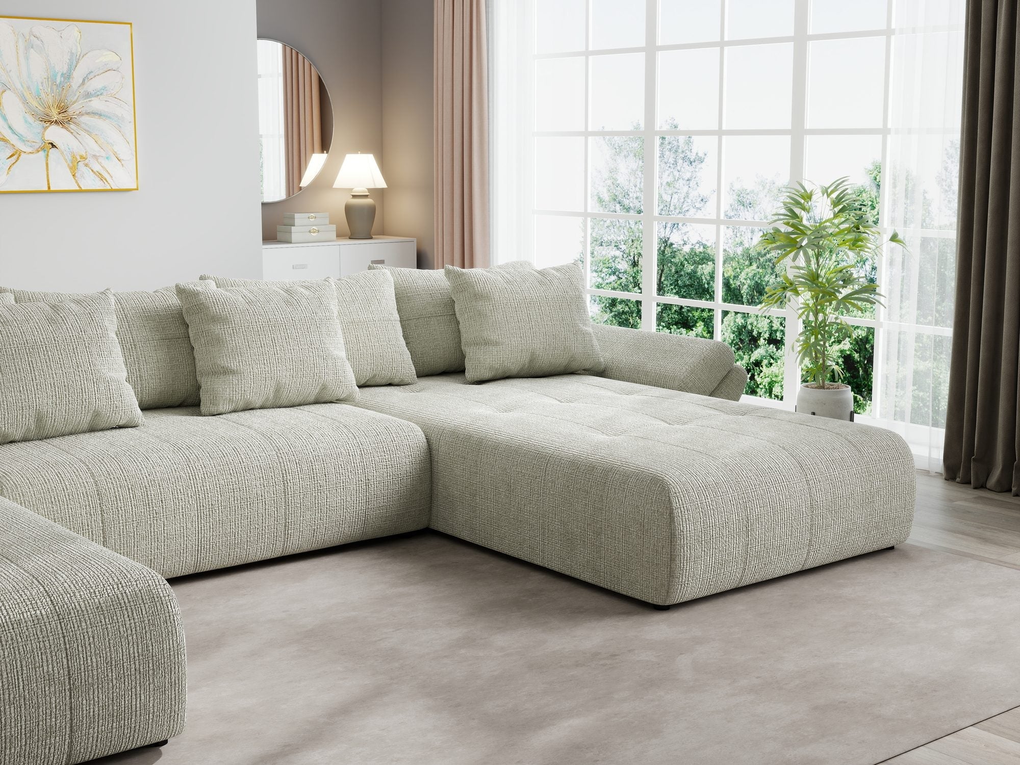 Colțar extensibil dumonde cu ladă de depozitare si sezut confortabil din spuma high-density, Berlin U Cremona Bej 04 380x180 cm
