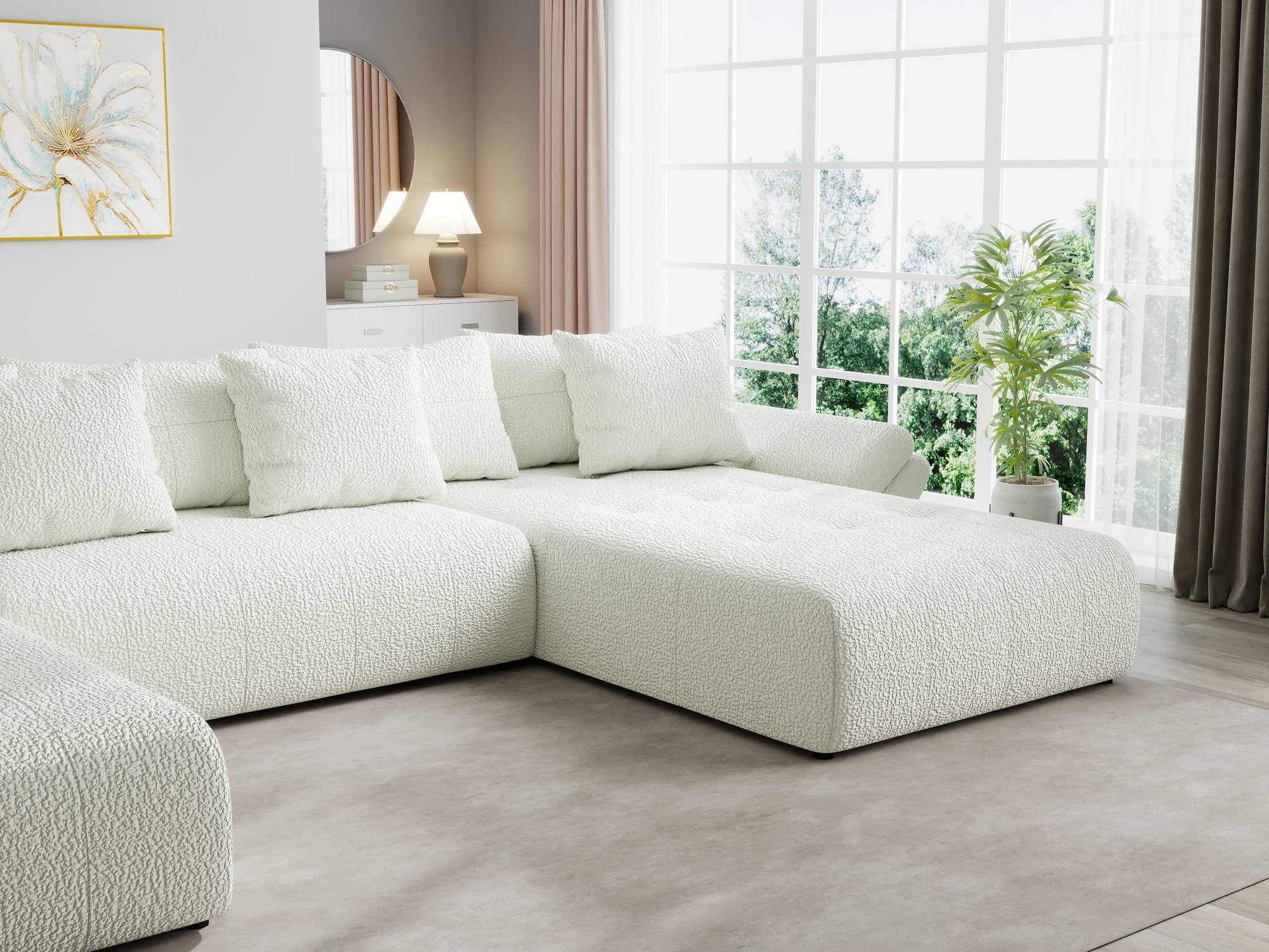 Colțar extensibil dumonde cu ladă de depozitare si sezut confortabil din spuma high-density, Berlin U Jaguar Ivory 1 380x180 cm