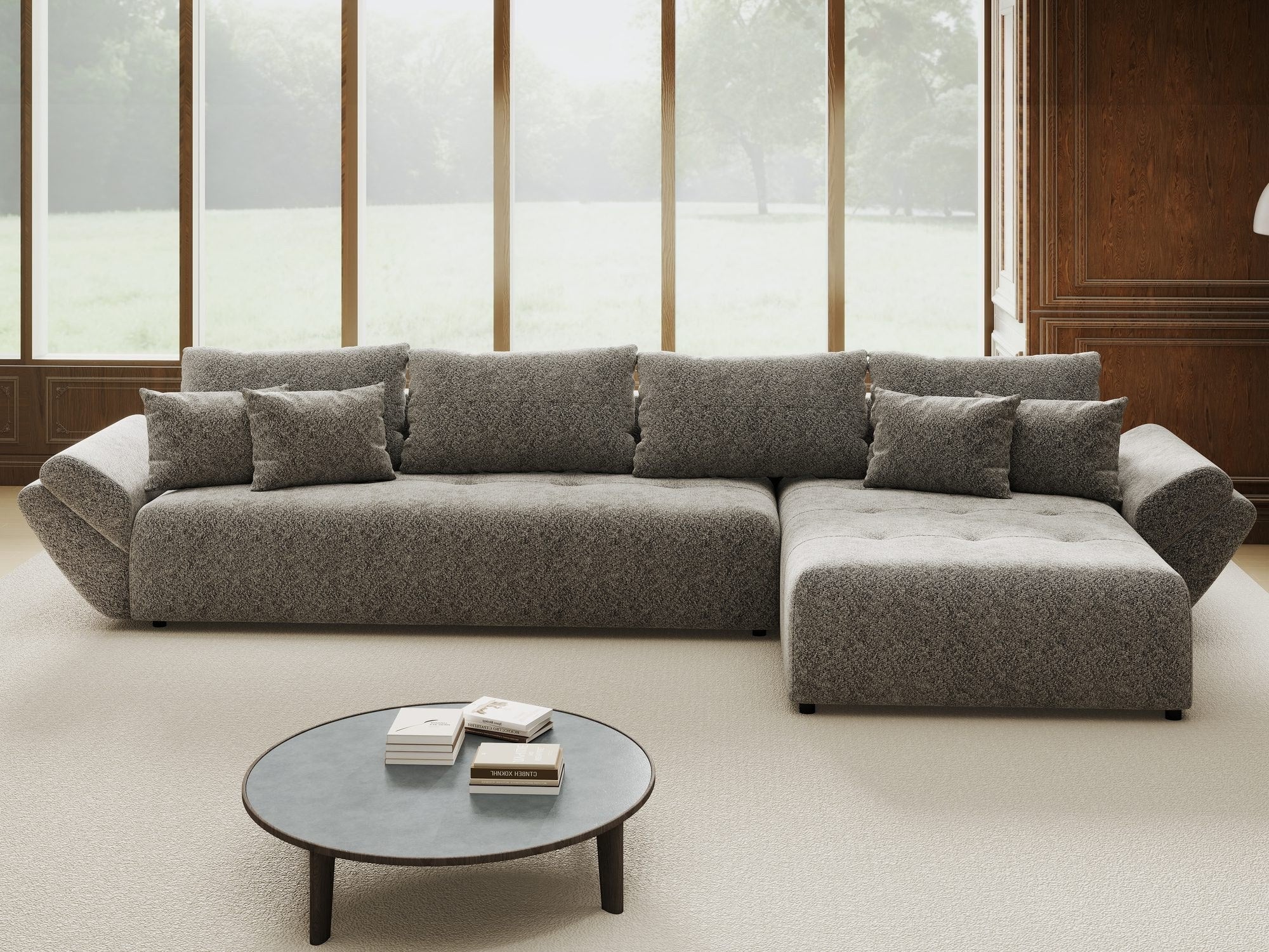 Colțar extensibil dumonde cu ladă de depozitare si sezut confortabil din spuma high-density, Berlin XL Arena Gri Grafit 18 II 350x185 cm