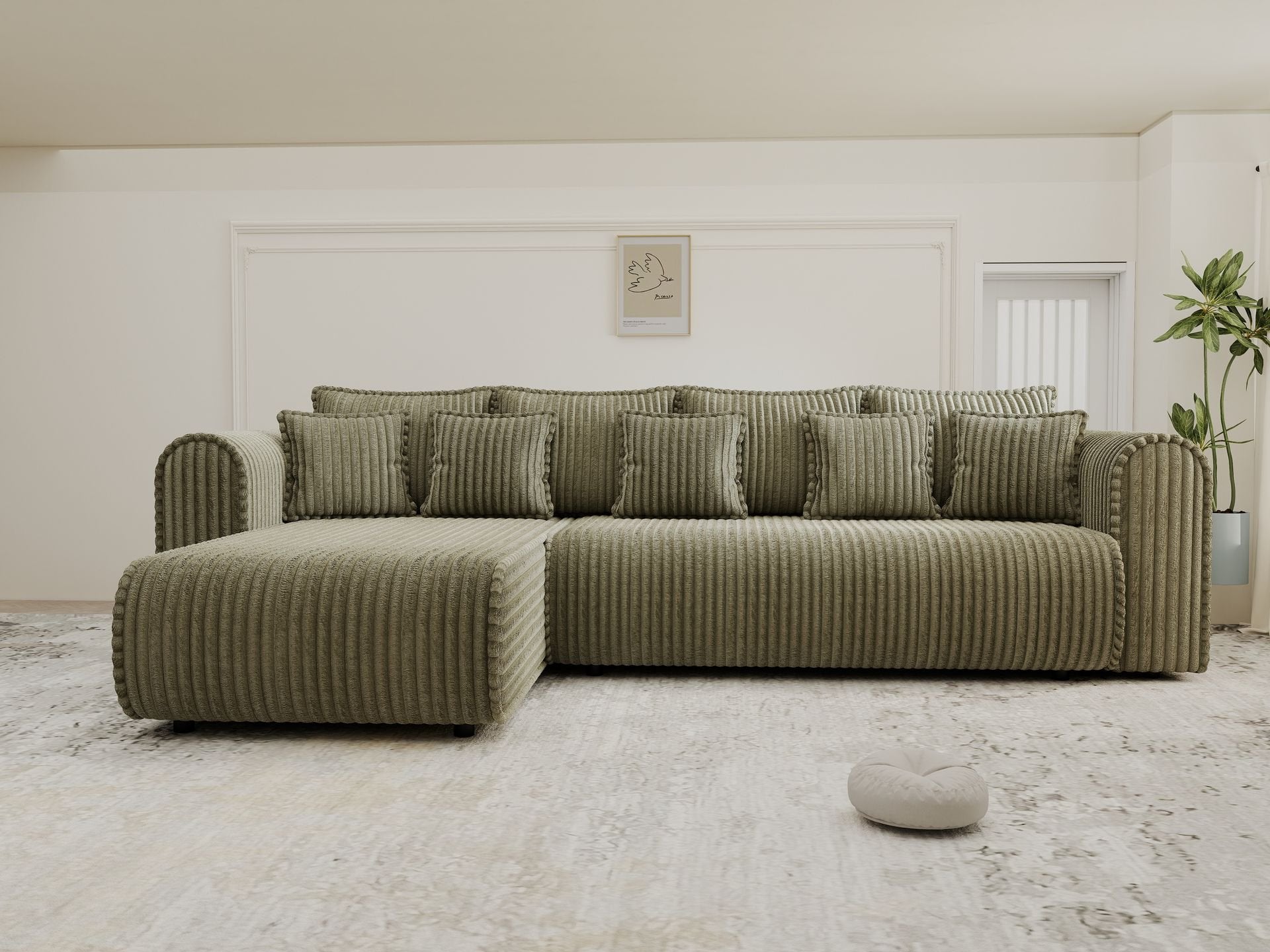 Colțar extensibil dumonde cu ladă de depozitare si sezut confortabil din spuma high-density, Monaco XL Tilia Olive 340x185 cm