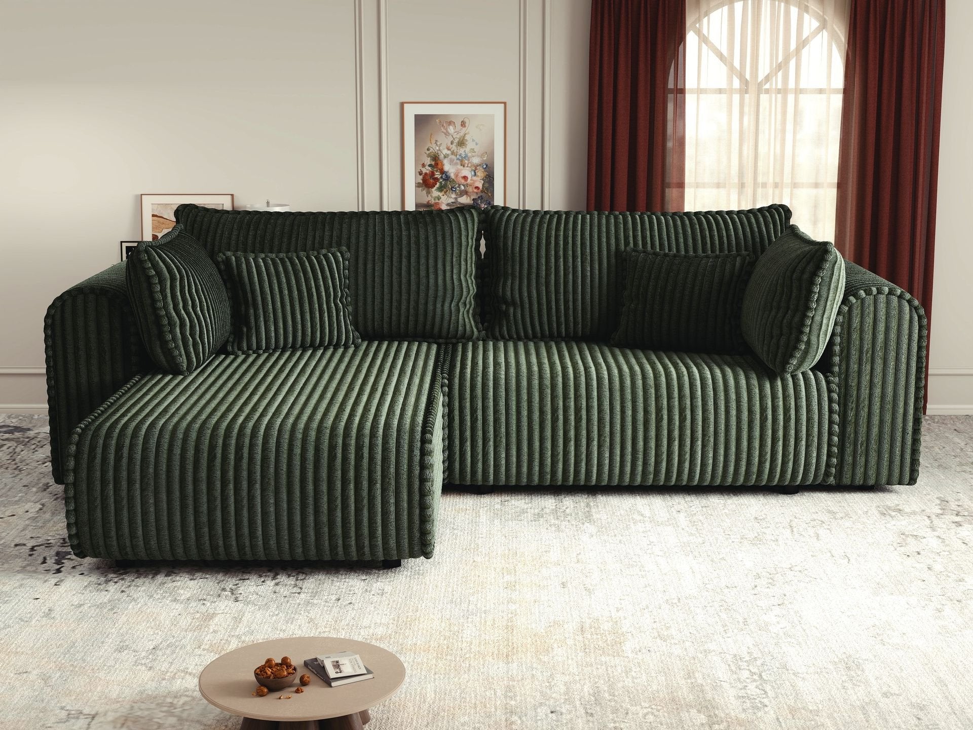 Colțar extensibil dumonde cu ladă de depozitare si sezut confortabil din spuma high-density, Monaco L Tilia Verde 270x100 cm
