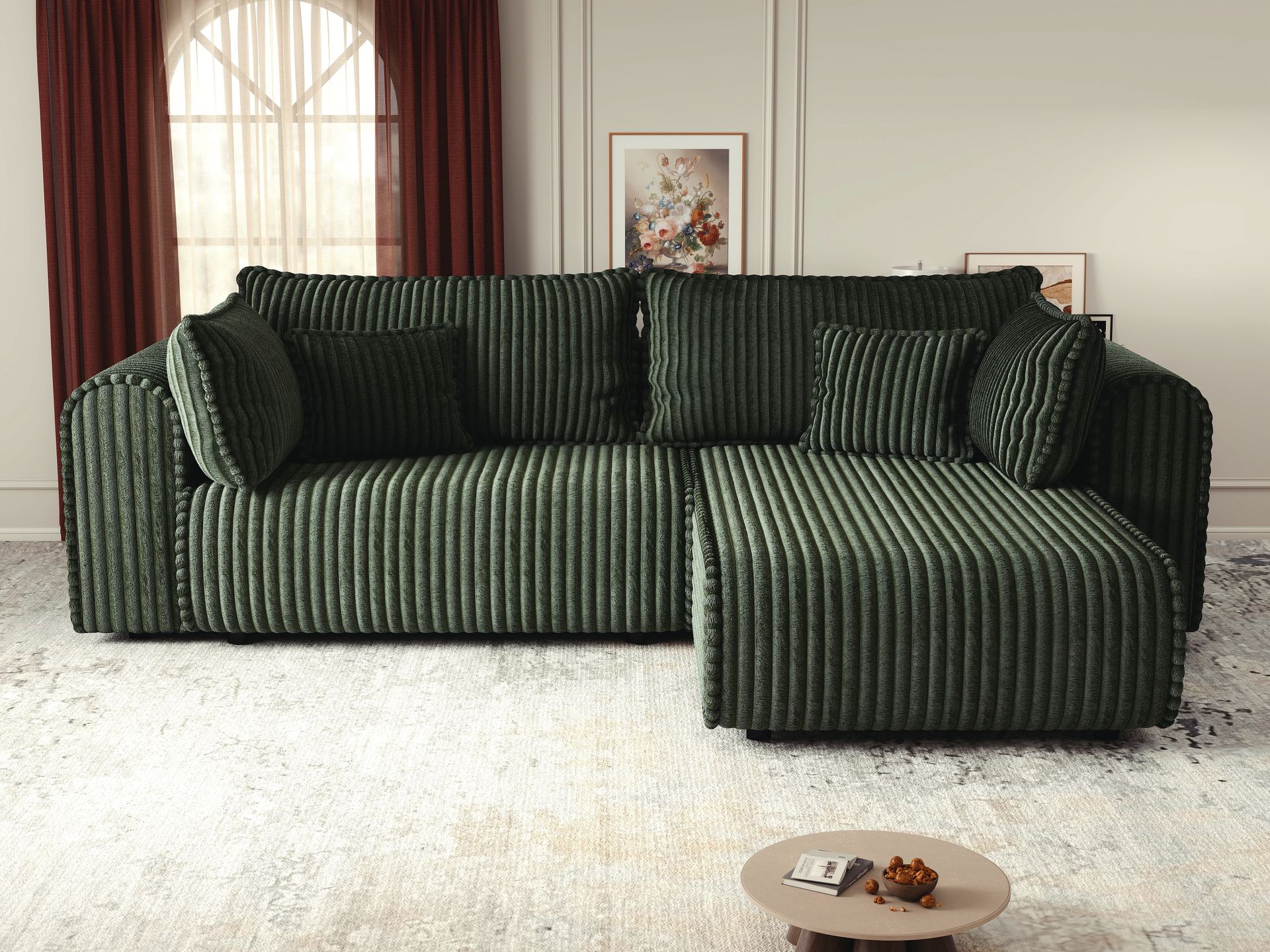 Colțar extensibil dumonde cu ladă de depozitare si sezut confortabil din spuma high-density, Monaco L Tilia Verde II 270x100 cm