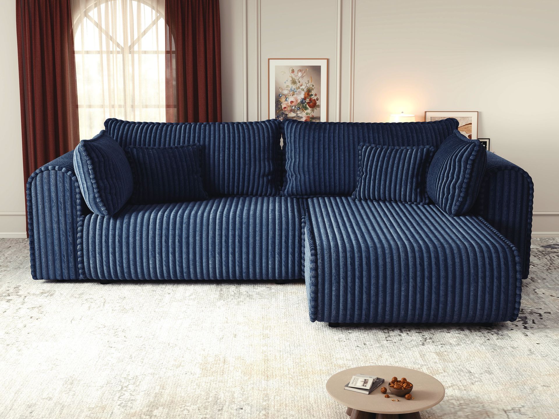 Colțar extensibil dumonde cu ladă de depozitare si sezut confortabil din spuma high-density, Monaco L Tilia Albastru II 270x100 cm