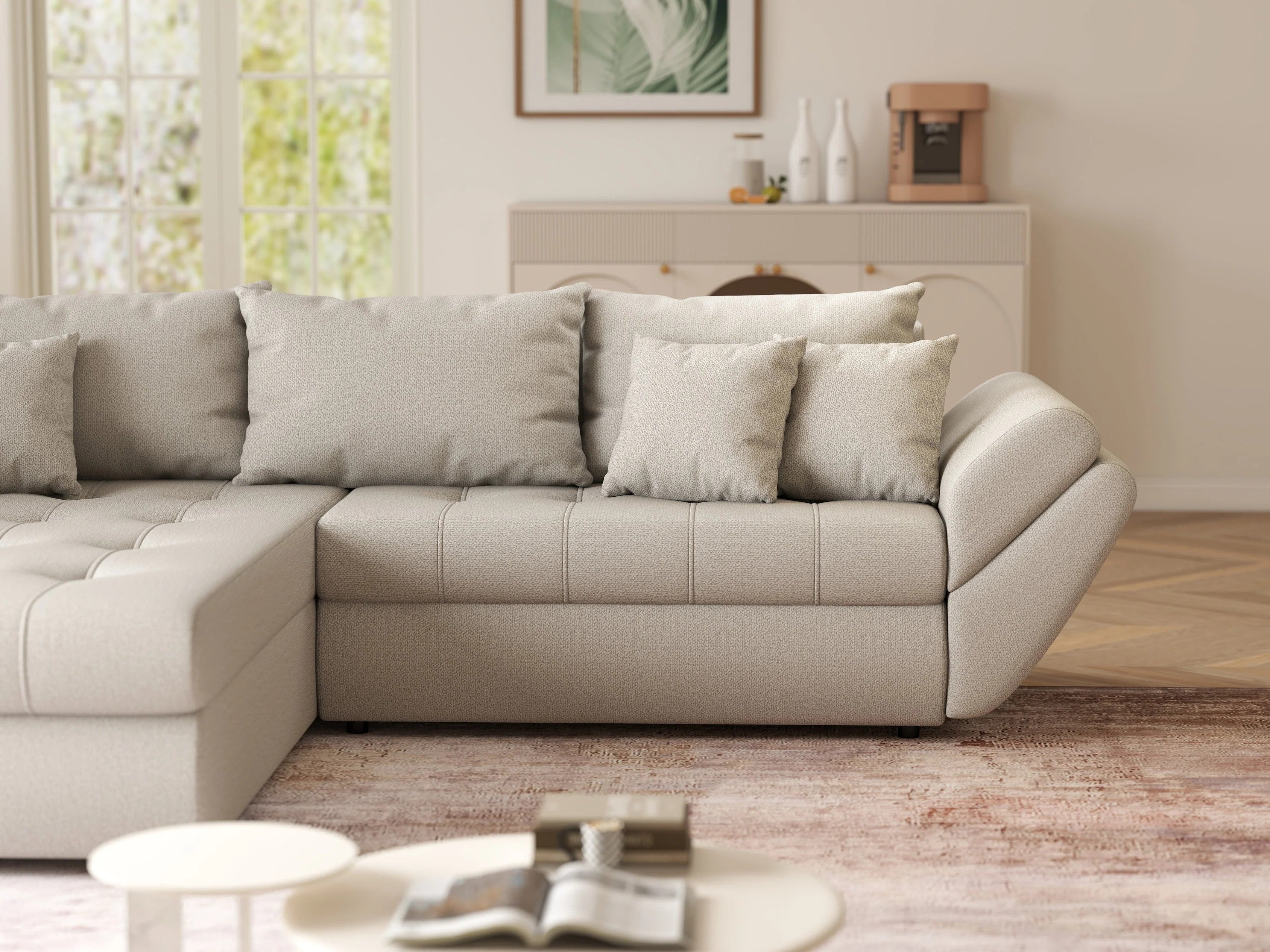 Colțar extensibil dumonde cu ladă de depozitare si sezut confortabil din spuma HR, Loana Enjoy Bej 270x185 cm Fabrica