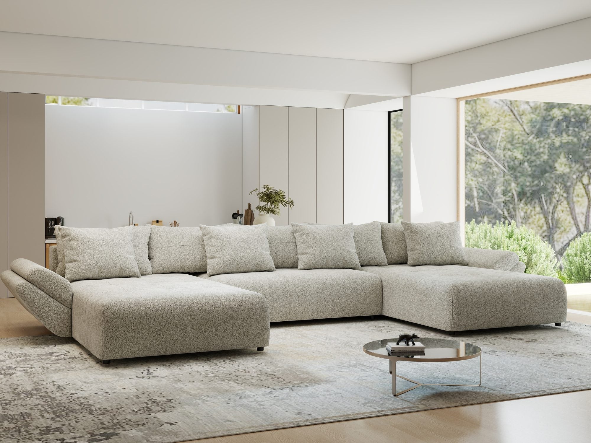 Colțar extensibil dumonde cu ladă de depozitare si sezut confortabil din spuma high-density, Berlin U Arena Bej 2 380x180 cm