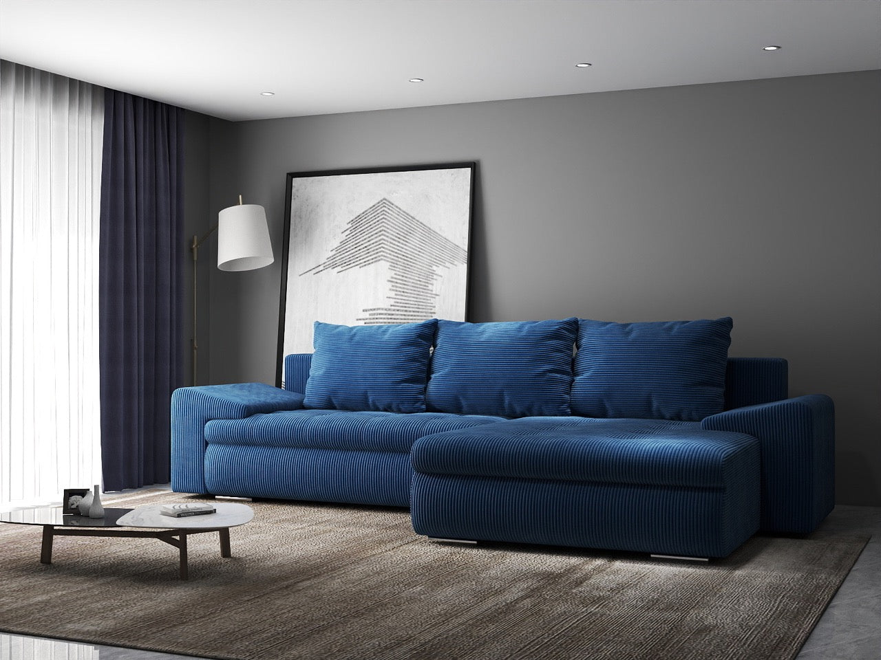 Colțar extensibil dumonde cu ladă de depozitare si sezut confortabil din spuma HR, Leonardo Zoom Albastru 260x185 cm II Fabrica