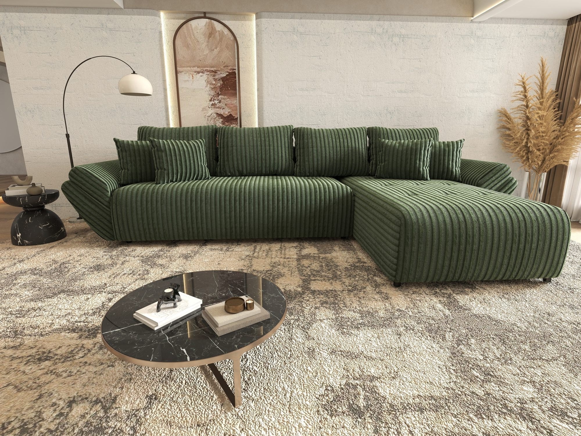 Colțar extensibil dumonde cu ladă de depozitare si sezut confortabil din spuma high-density, Berlin XL Tilia Verde 39 II 350x185 cm