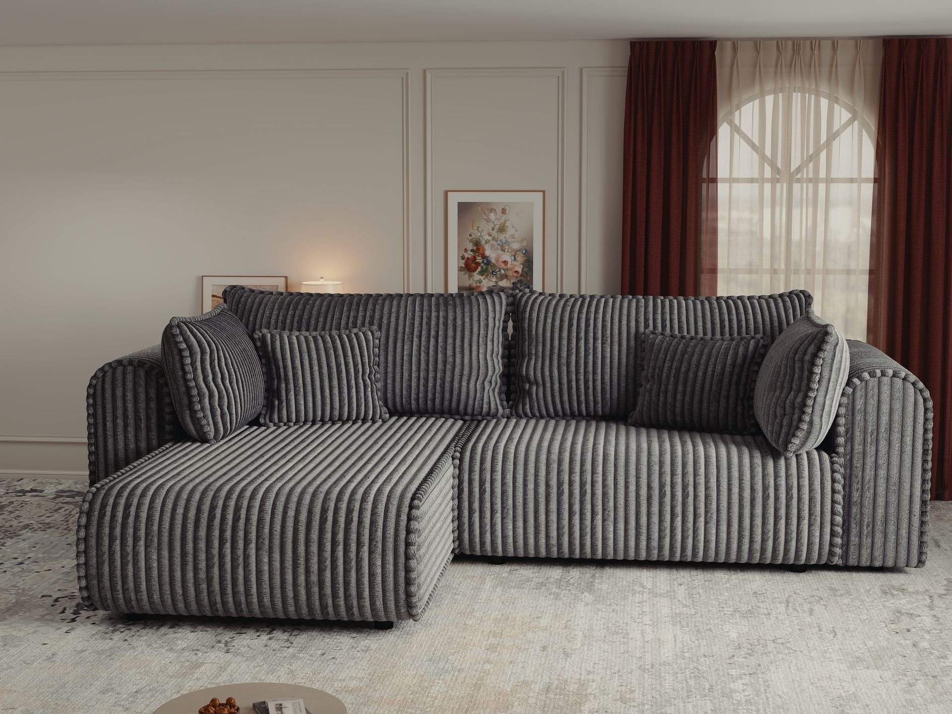 Colțar extensibil dumonde cu ladă de depozitare si sezut confortabil din spuma high-density, Monaco L Tilia Grafit 270x100 cm