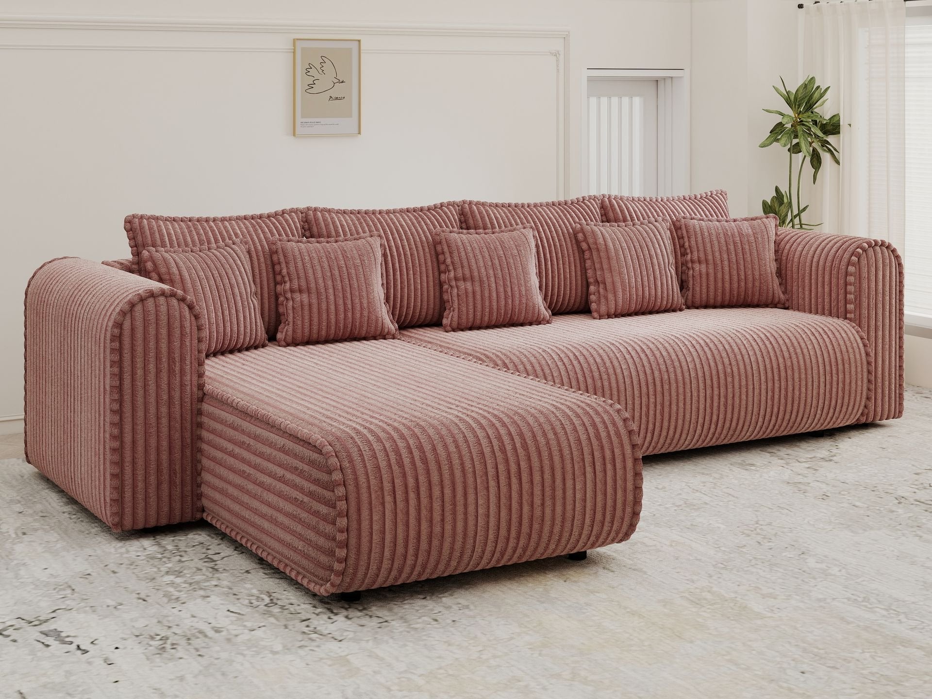 Colțar extensibil dumonde cu ladă de depozitare si sezut confortabil din spuma high-density, Monaco XL Tilia Roz 340x185 cm