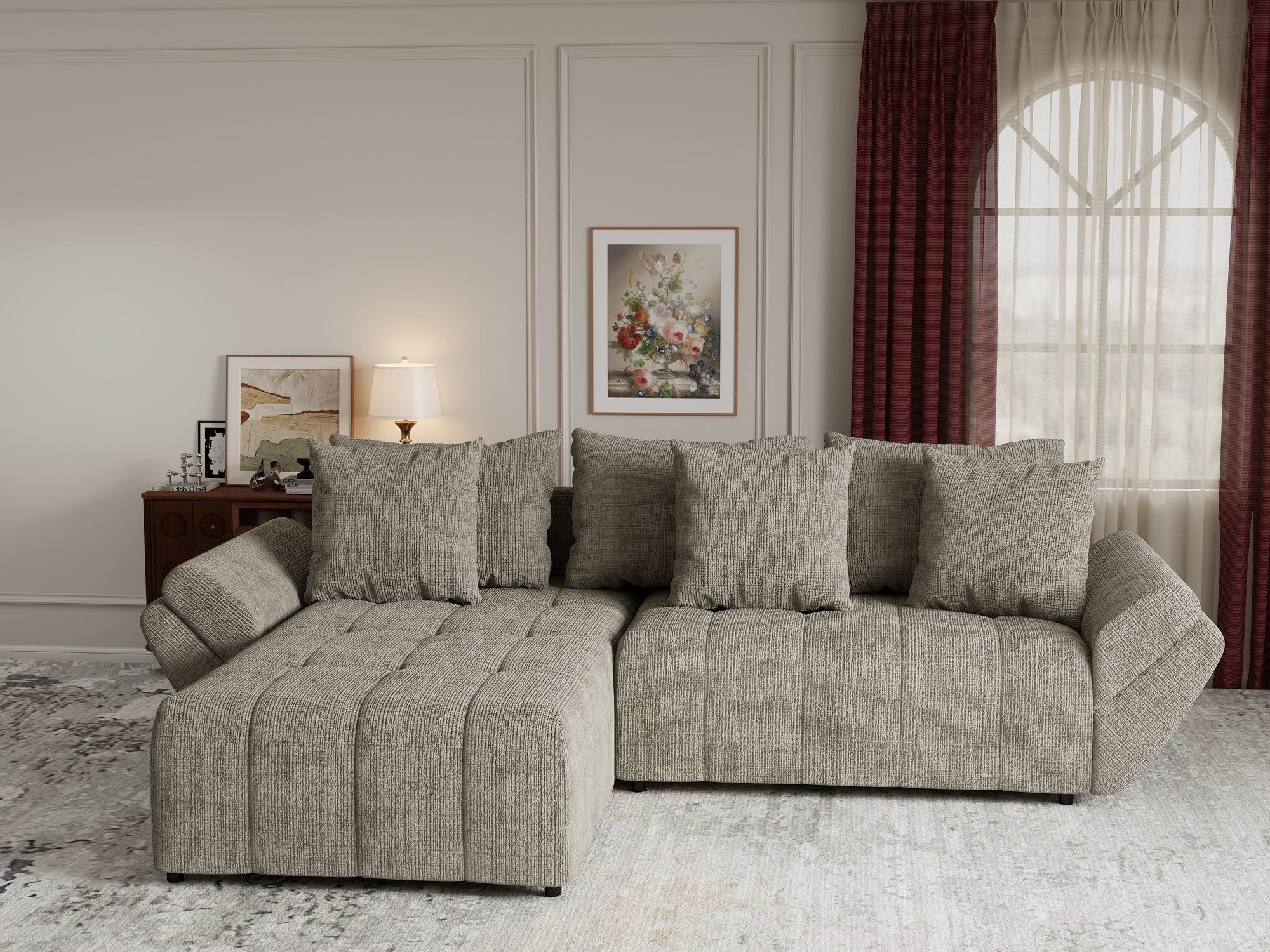 Colțar extensibil dumonde cu ladă de depozitare si sezut confortabil din spuma high-density, Berlin Cremona Bej 14 280x185 cm
