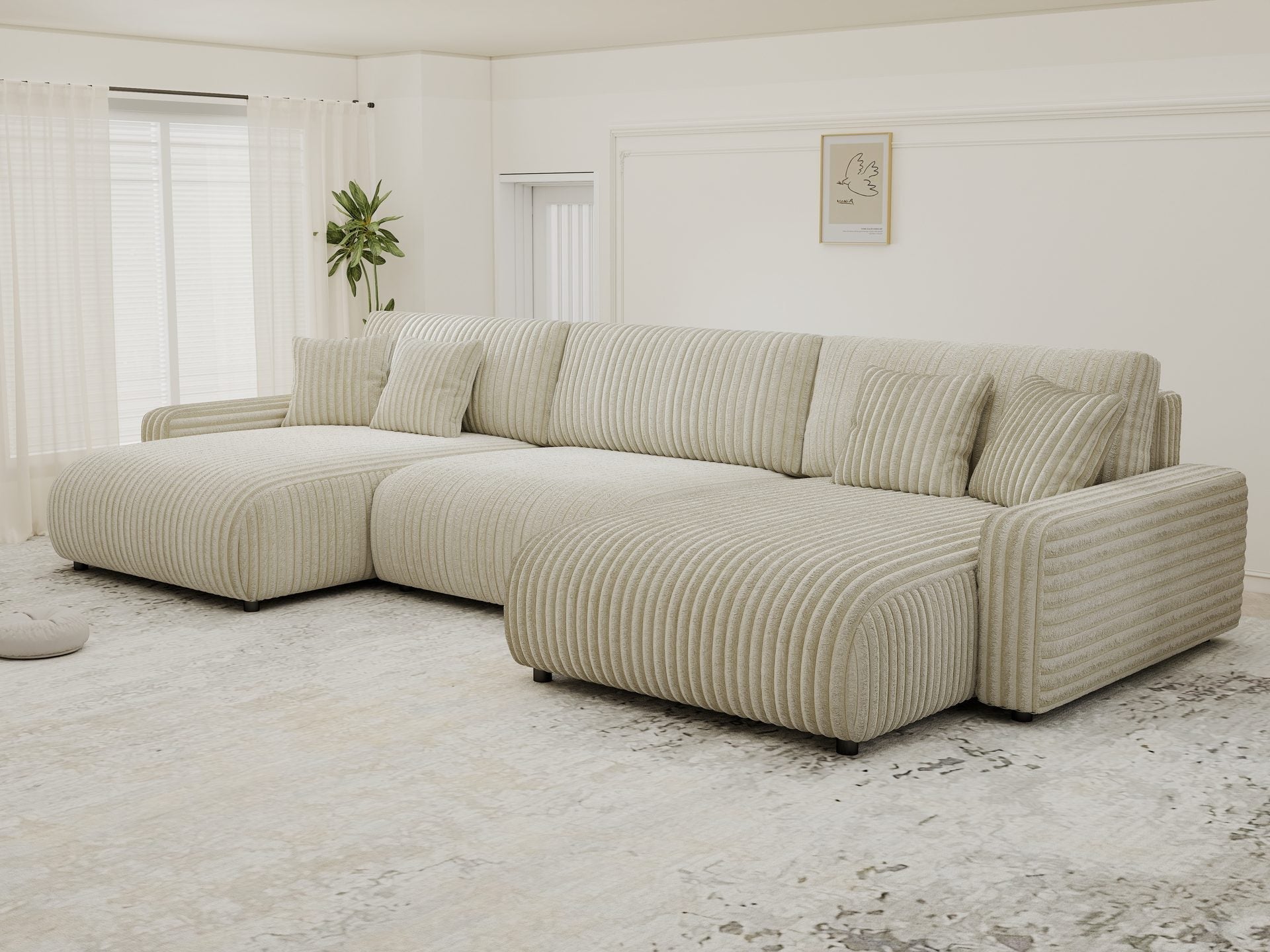 Dumonde kihúzható sarokkanapé tárolórekesszel és kényelmes, nagy sűrűségű habszivacs ülőfelülettel, Sara Tilia bej 332x170 cm
