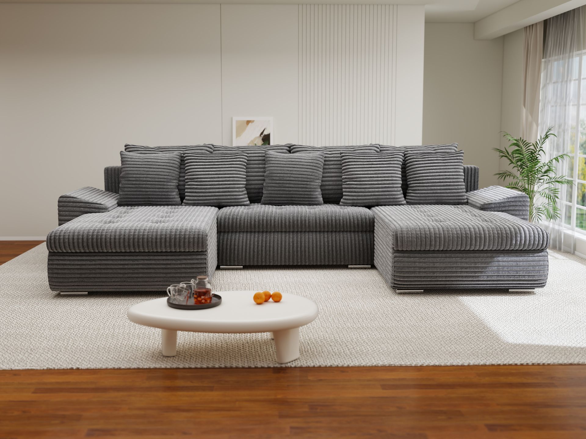 Colțar extensibil dumonde cu ladă de depozitare si sezut confortabil din spuma high-density, Leonardo U Tilia Gri 90 360x185 cm
