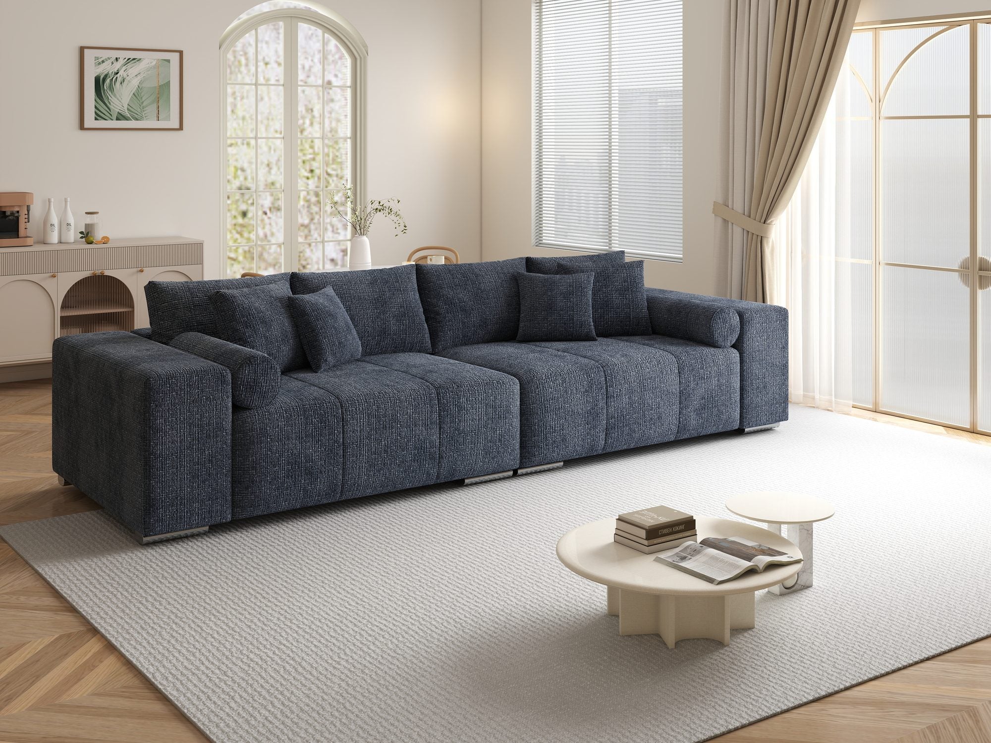 Canapea extensibilă dumonde cu ladă de depozitare si sezut confortabil din spuma high-density, Marbela XXL Cremona Albastru 79 290x100 cm