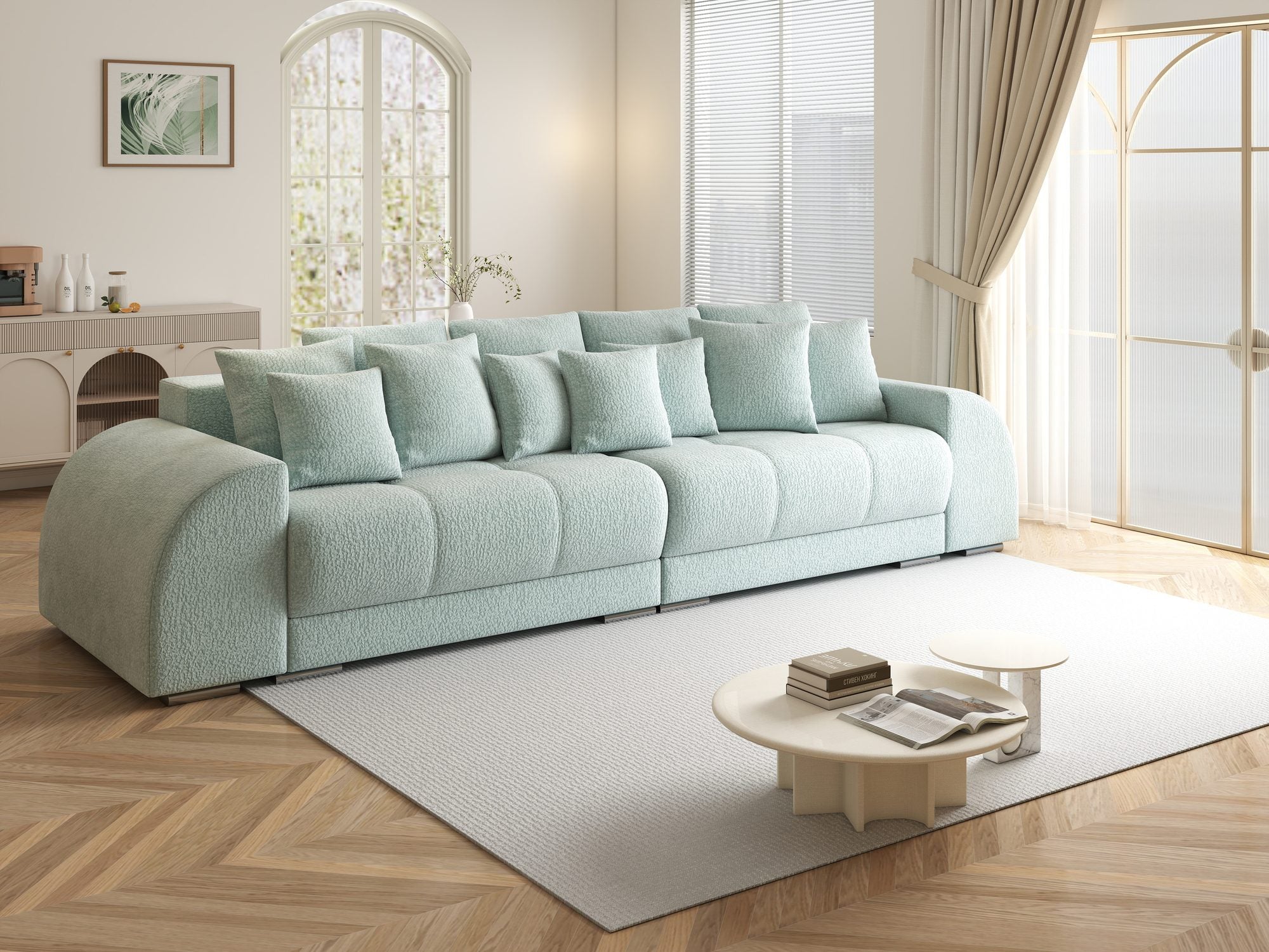 Canapea extensibilă dumonde cu 2 lăzi de depozitare si sezut confortabil din spuma high-density, Verona Jaguar Verde Mint 16 310x100 cm