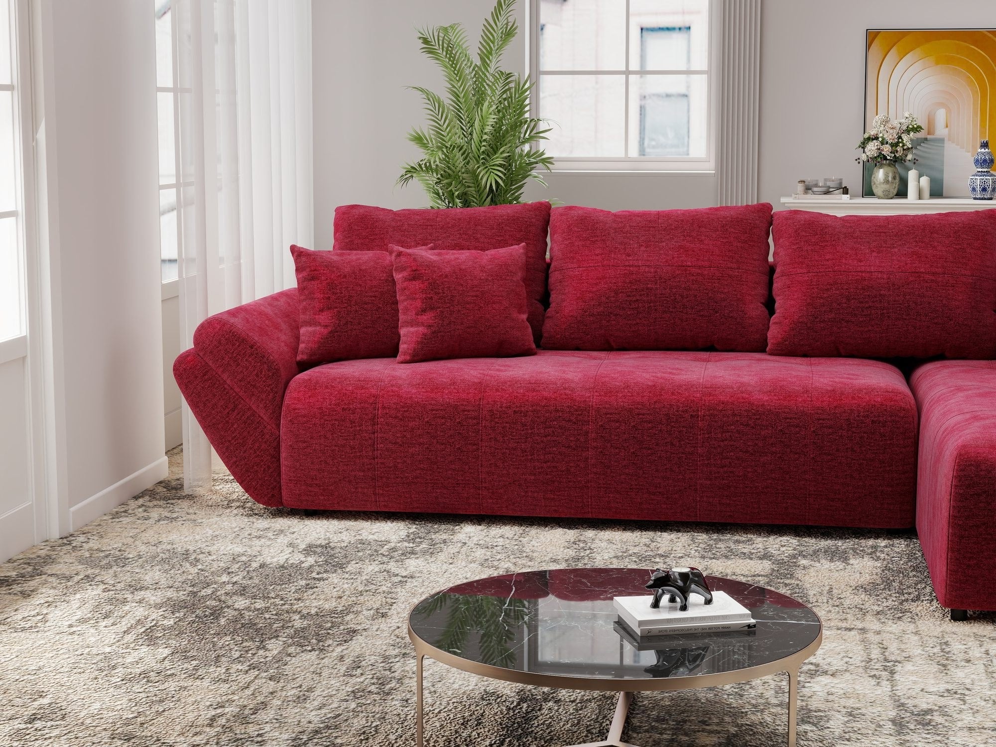 Colțar extensibil dumonde cu ladă de depozitare si sezut confortabil din spuma high-density, Berlin XL Monolith Rosu 59 II 350x185 cm